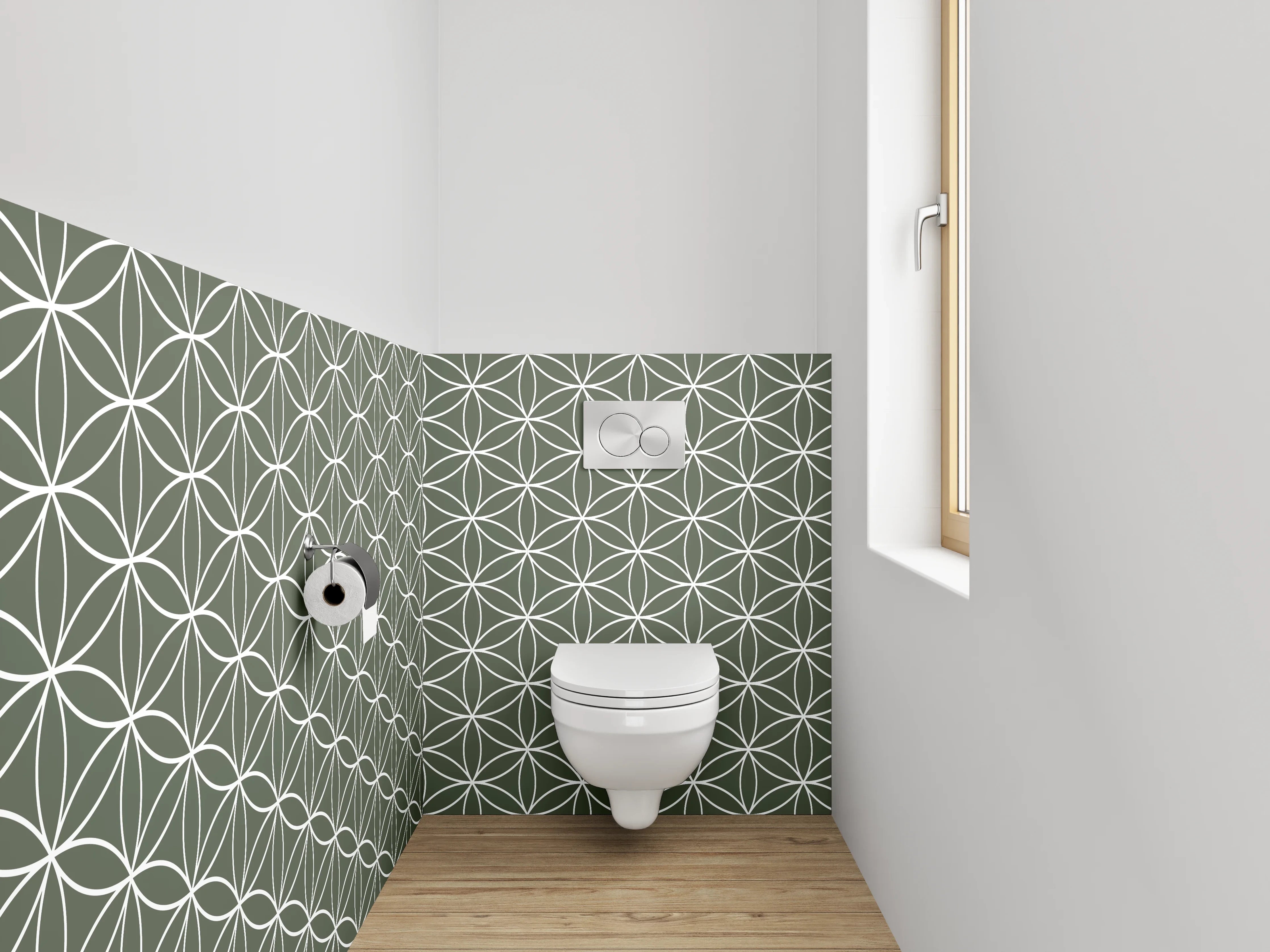 WC-Rückwand - Japanisches Seigaiha Muster Olivgrün Weiß