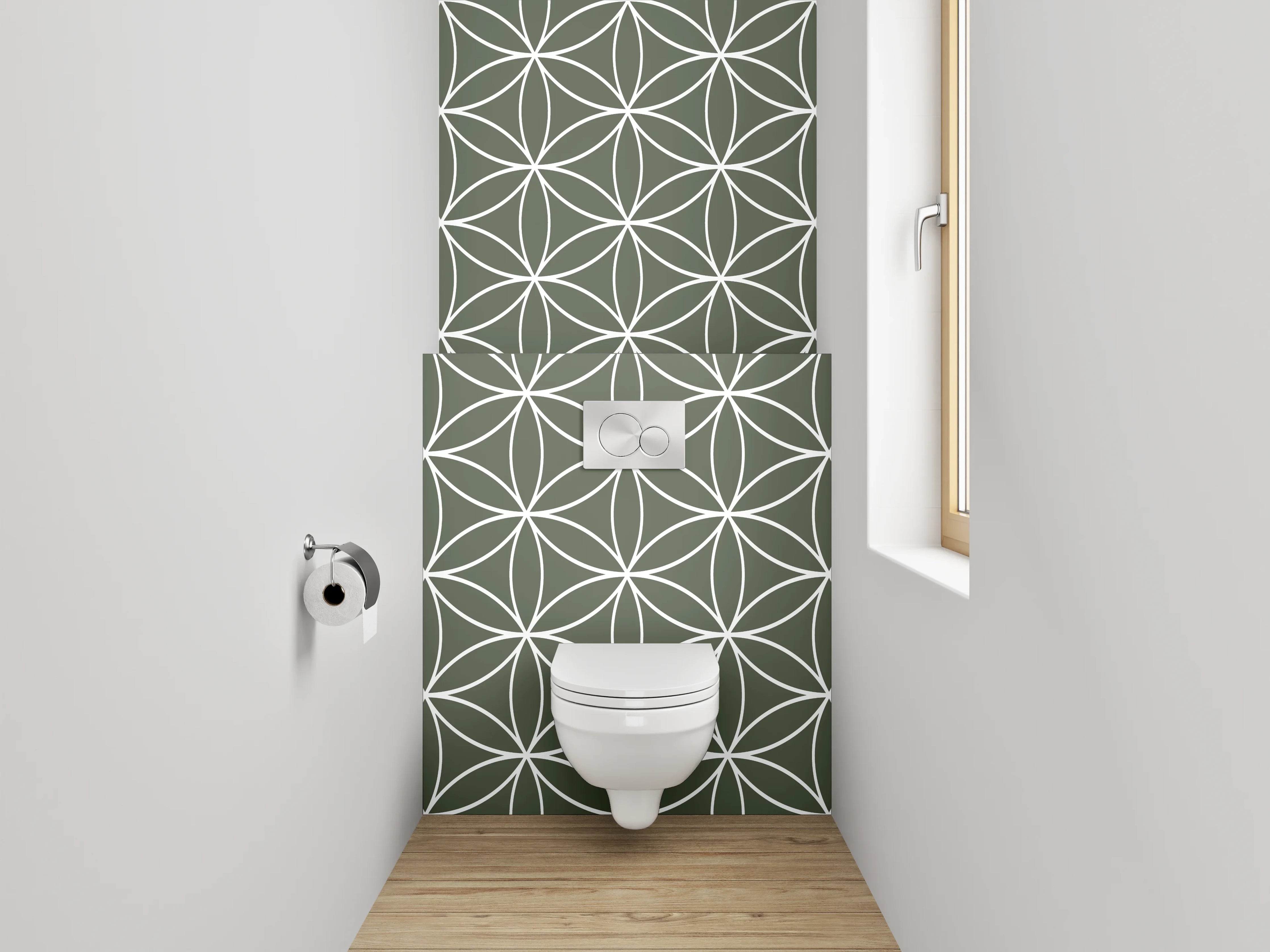 WC-Rückwand - Japanisches Seigaiha Muster Olivgrün Weiß