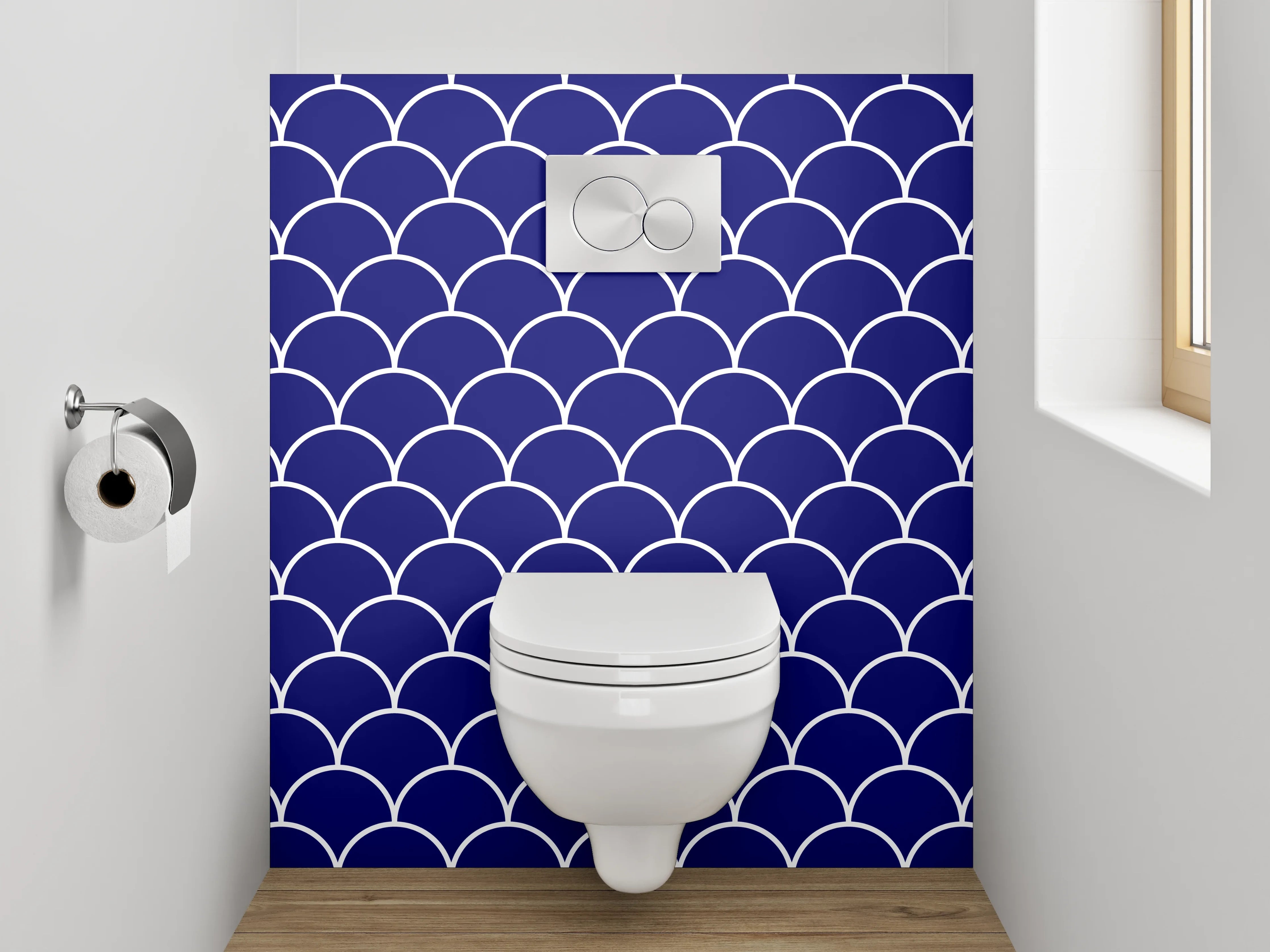 WC-Rückwand - Japanisches Wellenmuster Dunkelblau Weiß
