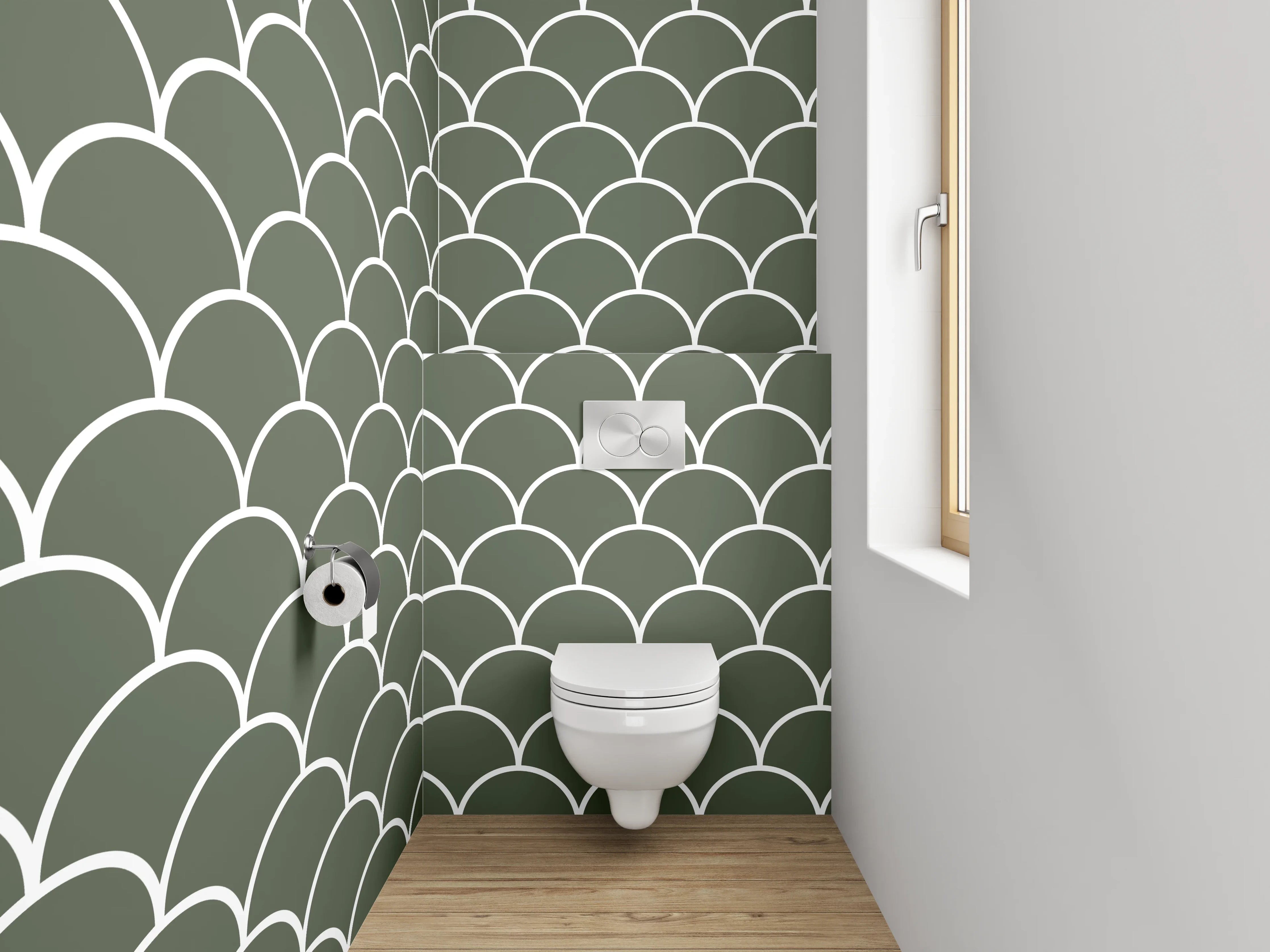 WC-Rückwand - Japanisches Wellenmuster Dunkelgrün Weiß