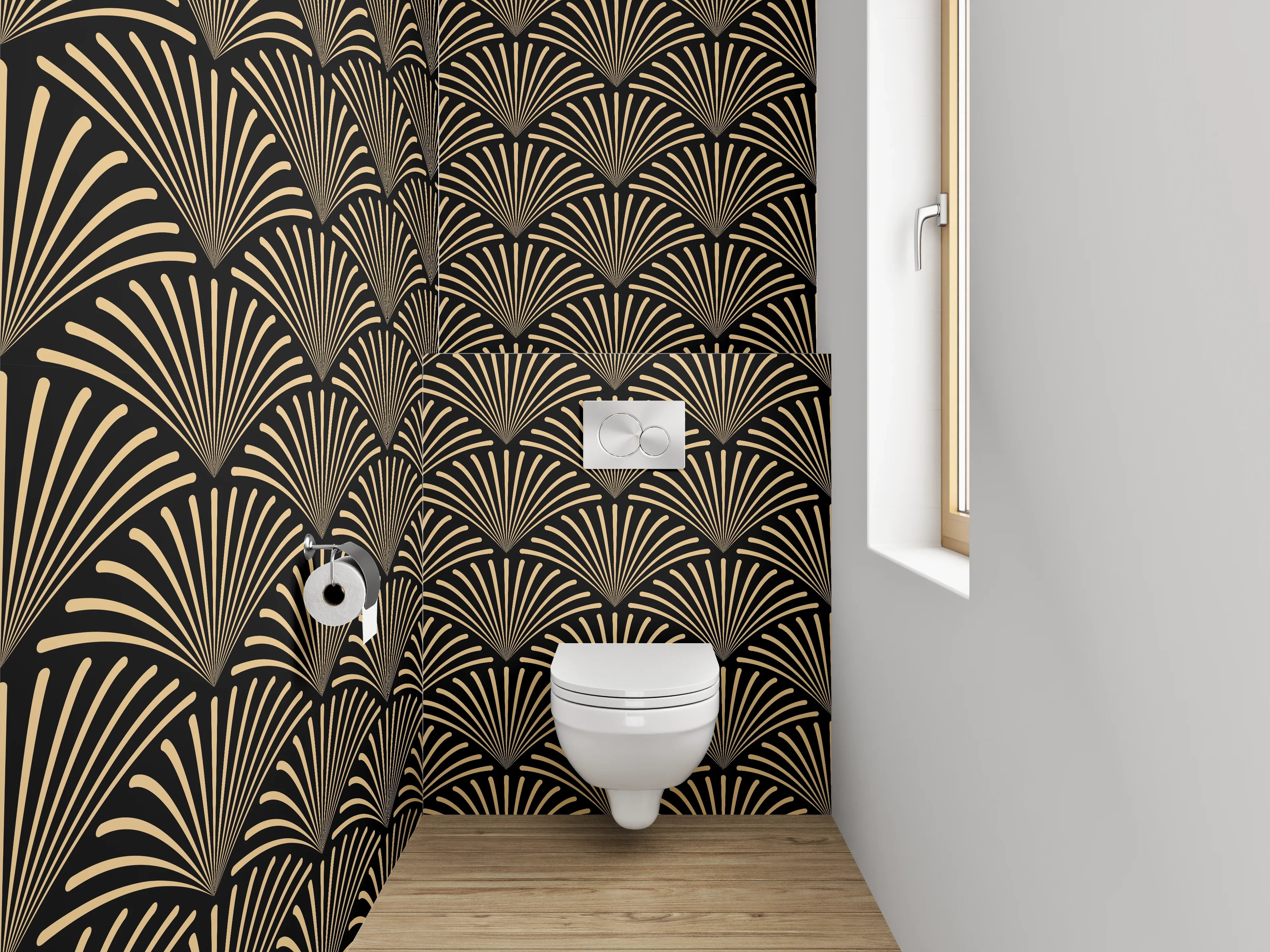 WC-Rückwand - Japanisches Wellenmuster Schwarz Beige
