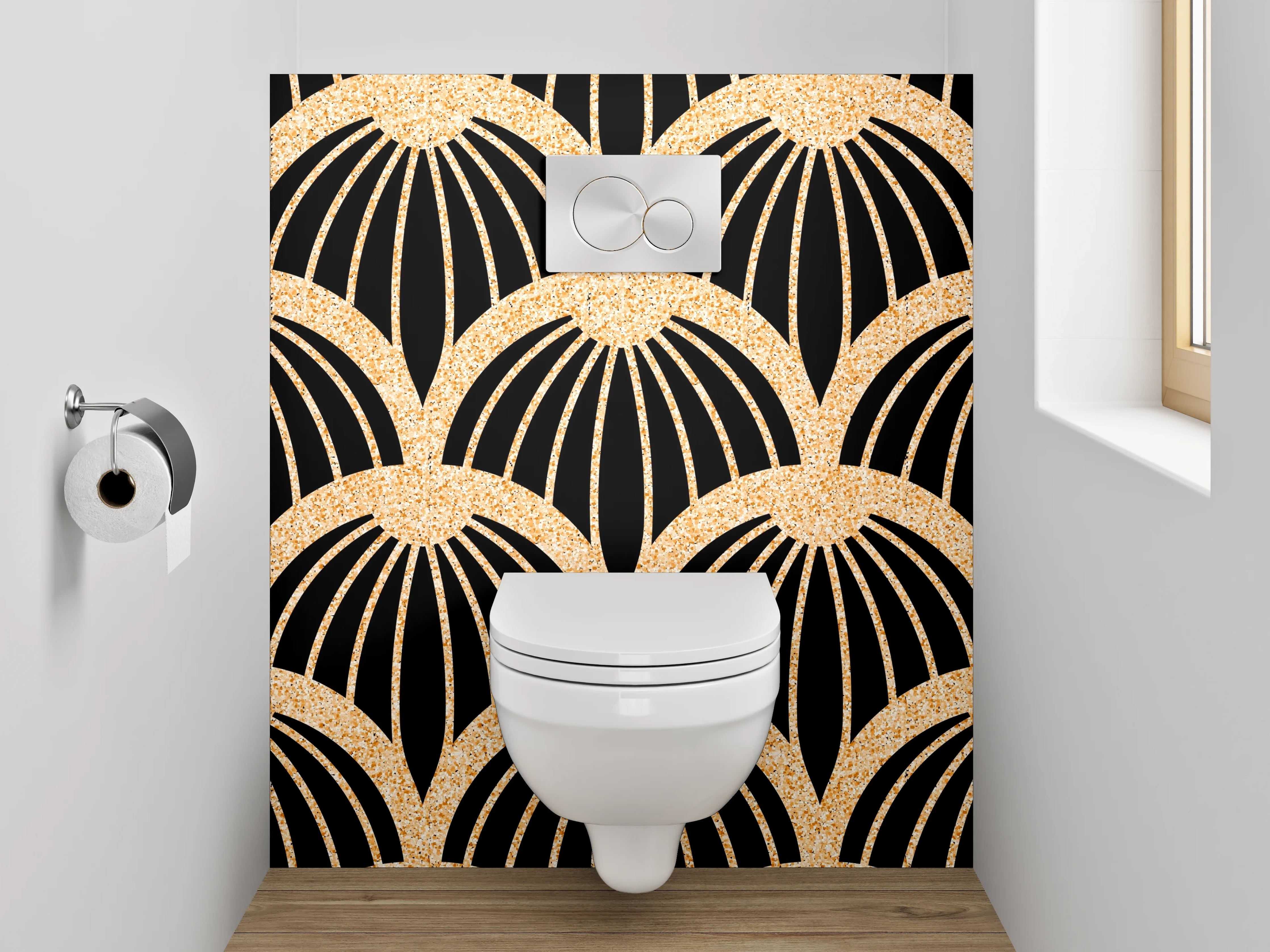 WC-Rückwand - Japanisches Wellenmuster Schwarz Gold
