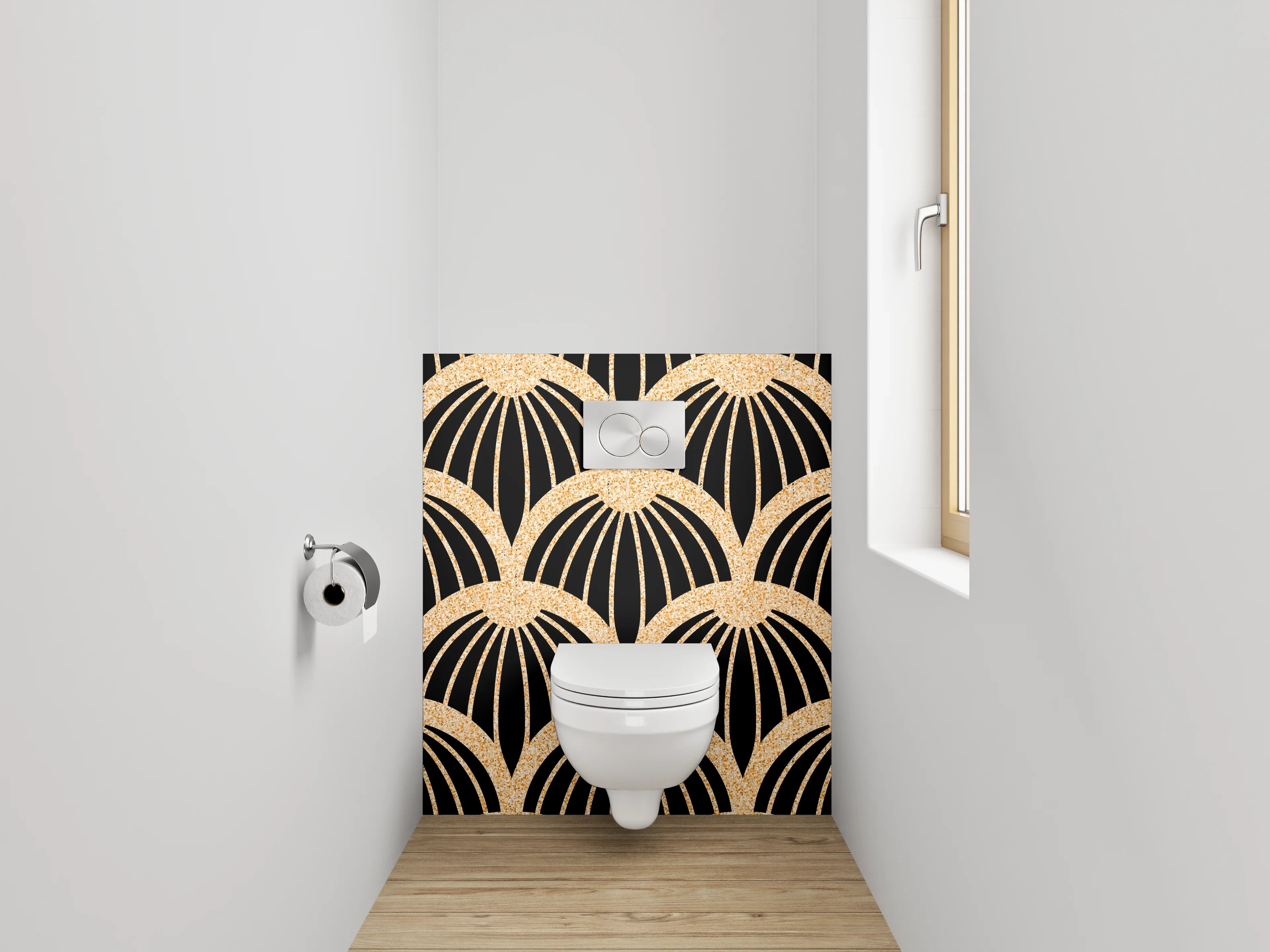 WC-Rückwand - Japanisches Wellenmuster Schwarz Gold