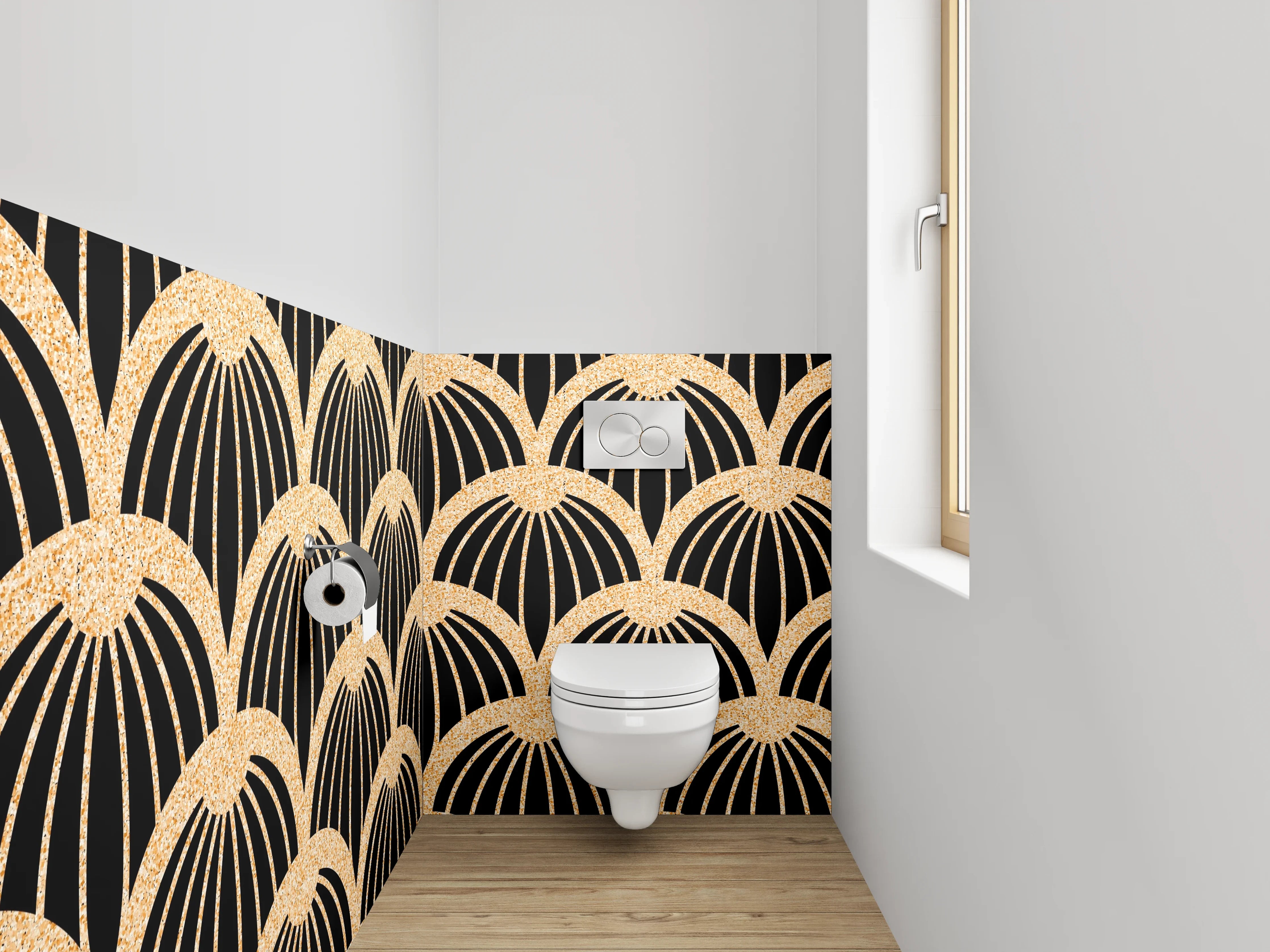 WC-Rückwand - Japanisches Wellenmuster Schwarz Gold