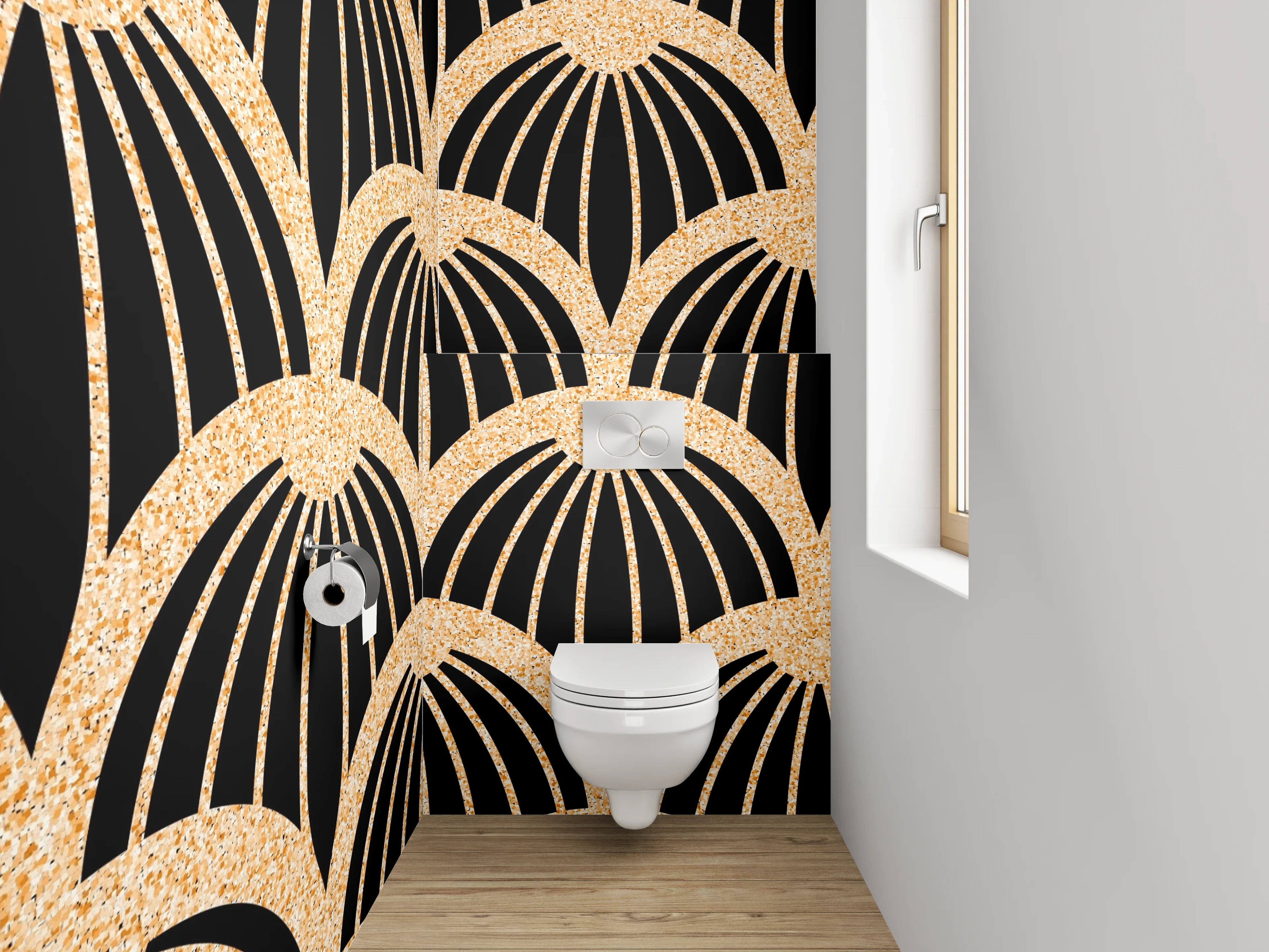 WC-Rückwand - Japanisches Wellenmuster Schwarz Gold