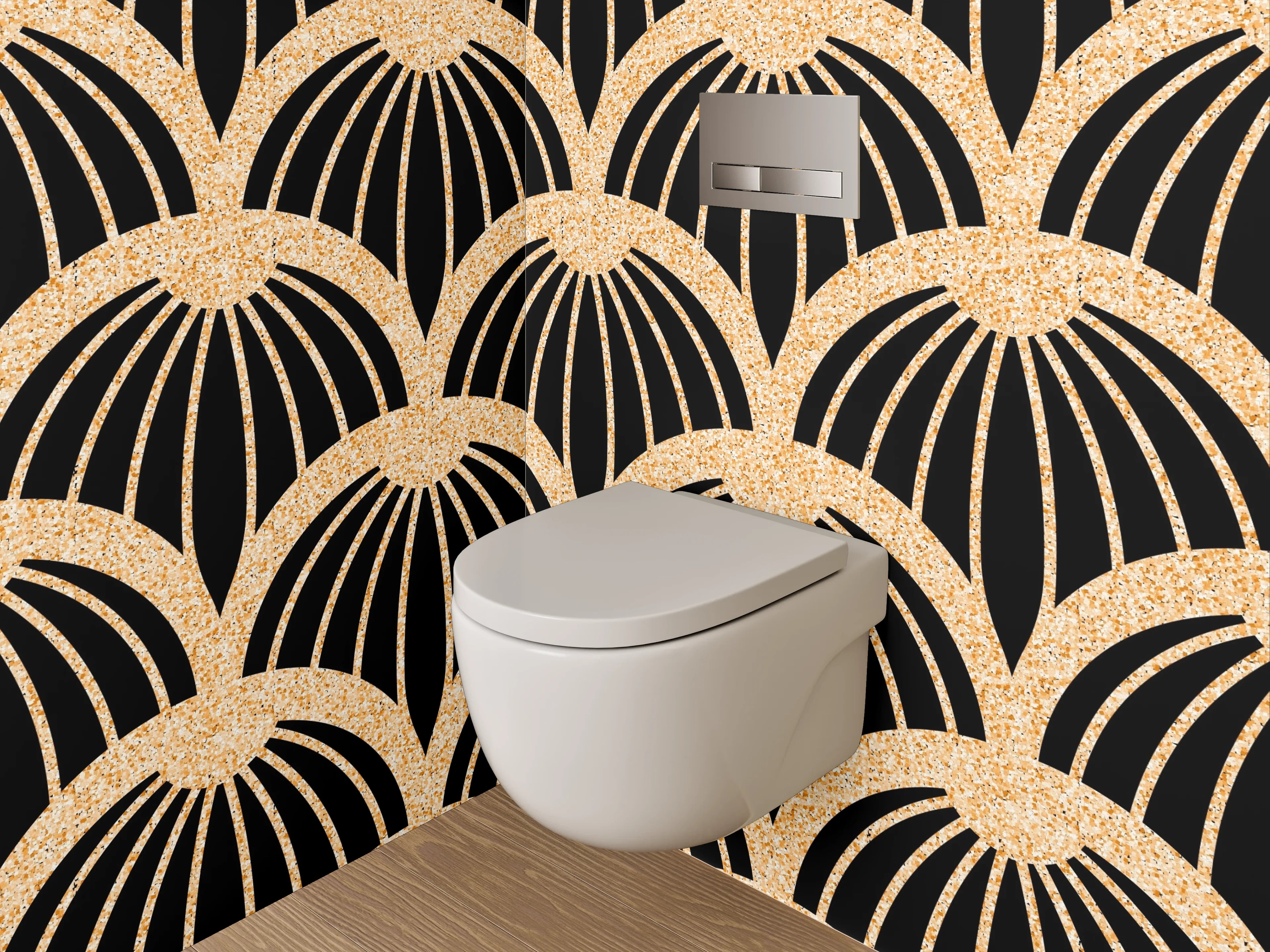 WC-Rückwand - Japanisches Wellenmuster Schwarz Gold