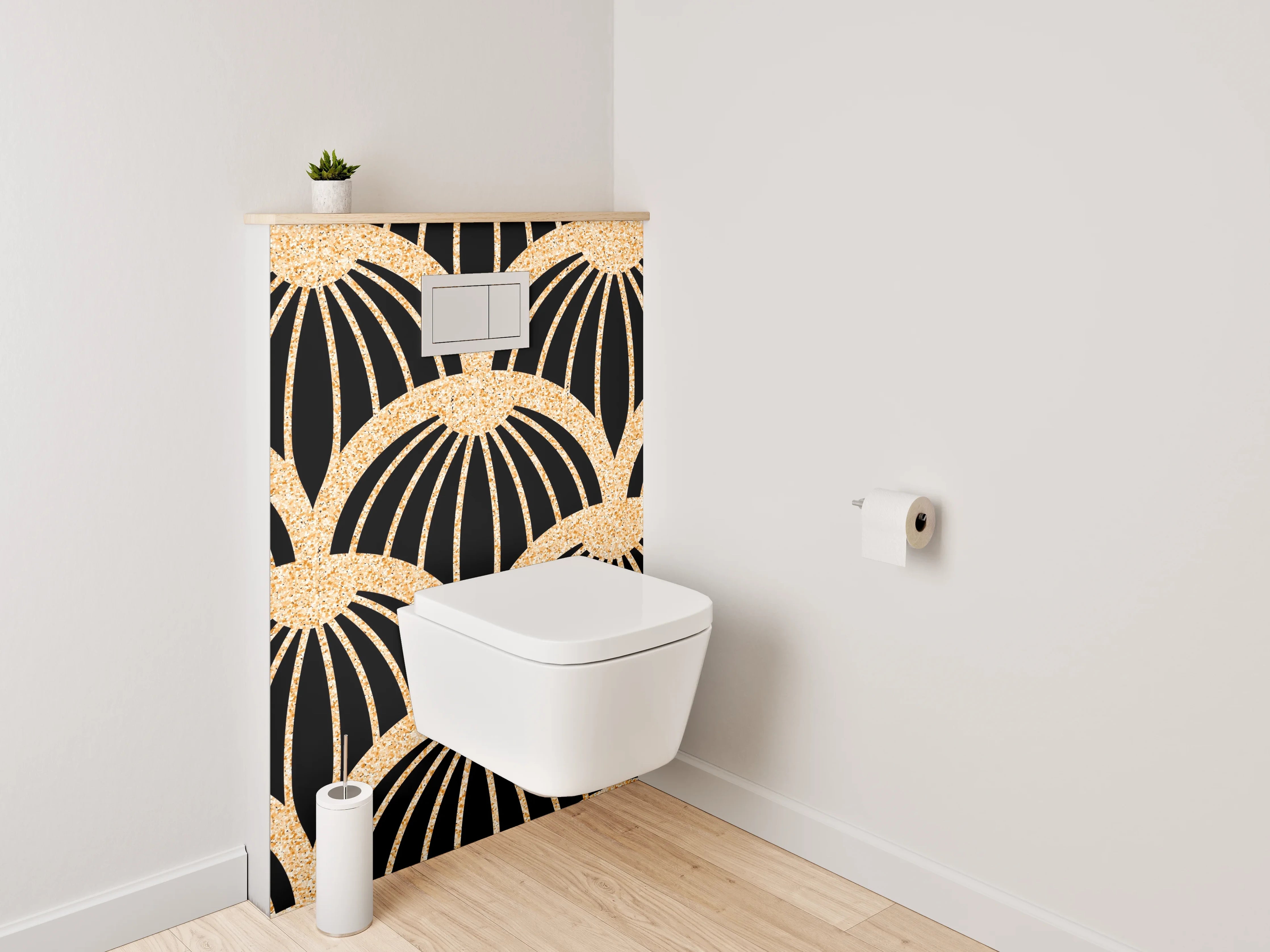 WC-Rückwand - Japanisches Wellenmuster Schwarz Gold