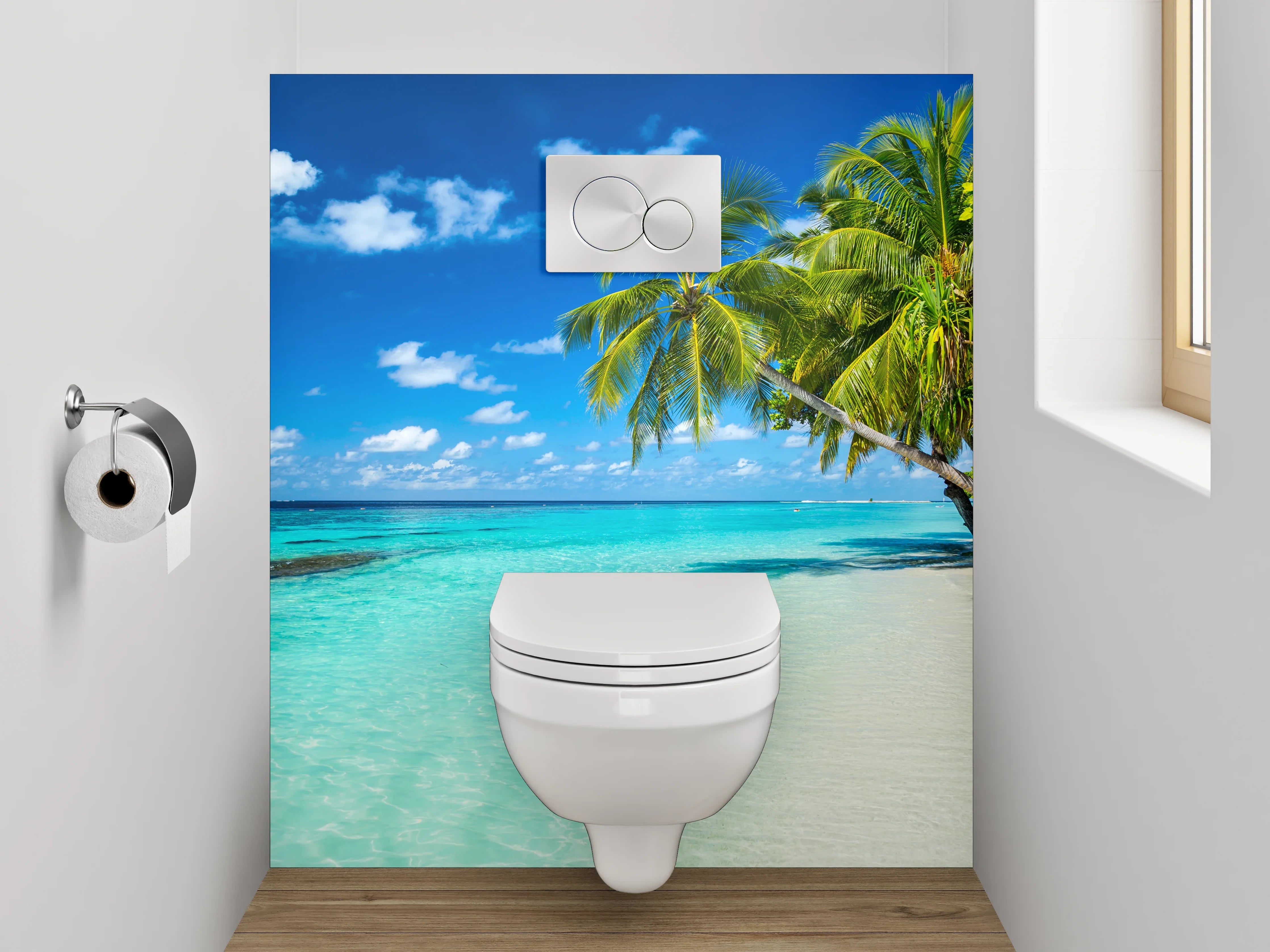 WC-Rückwand - Karibikstrand – Türkises Meer und Palmen