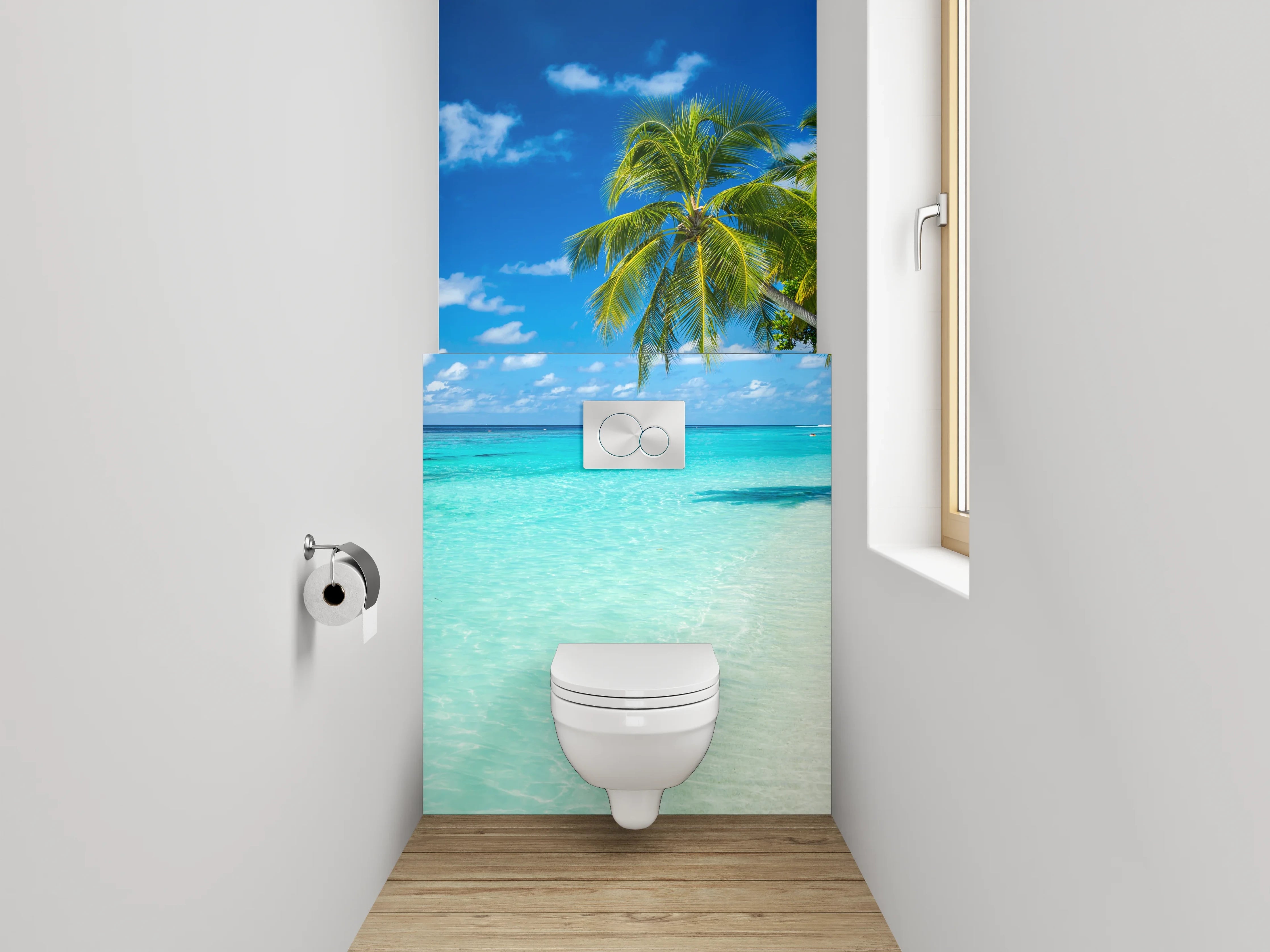 WC-Rückwand - Karibikstrand – Türkises Meer und Palmen