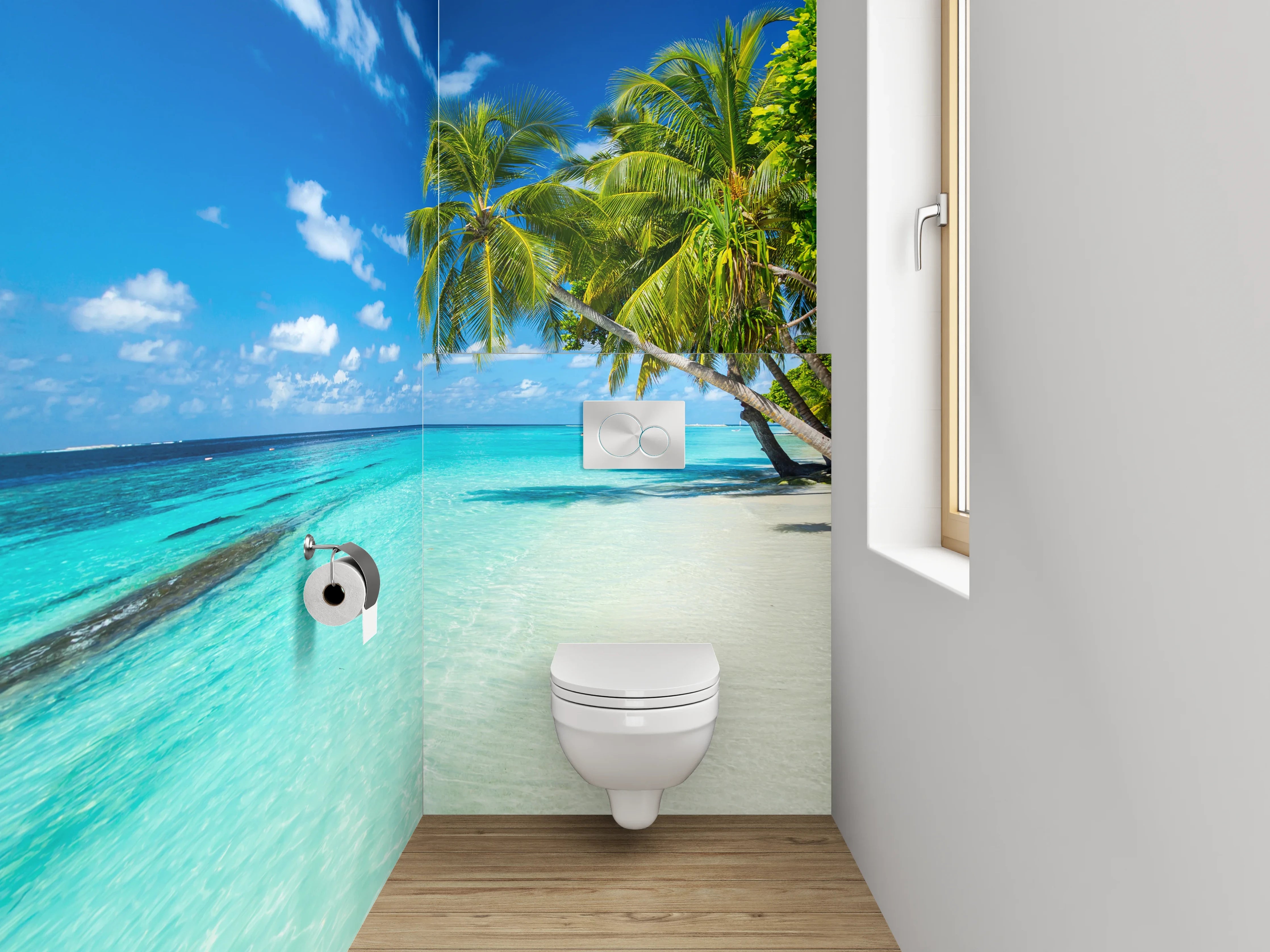 WC-Rückwand - Karibikstrand – Türkises Meer und Palmen