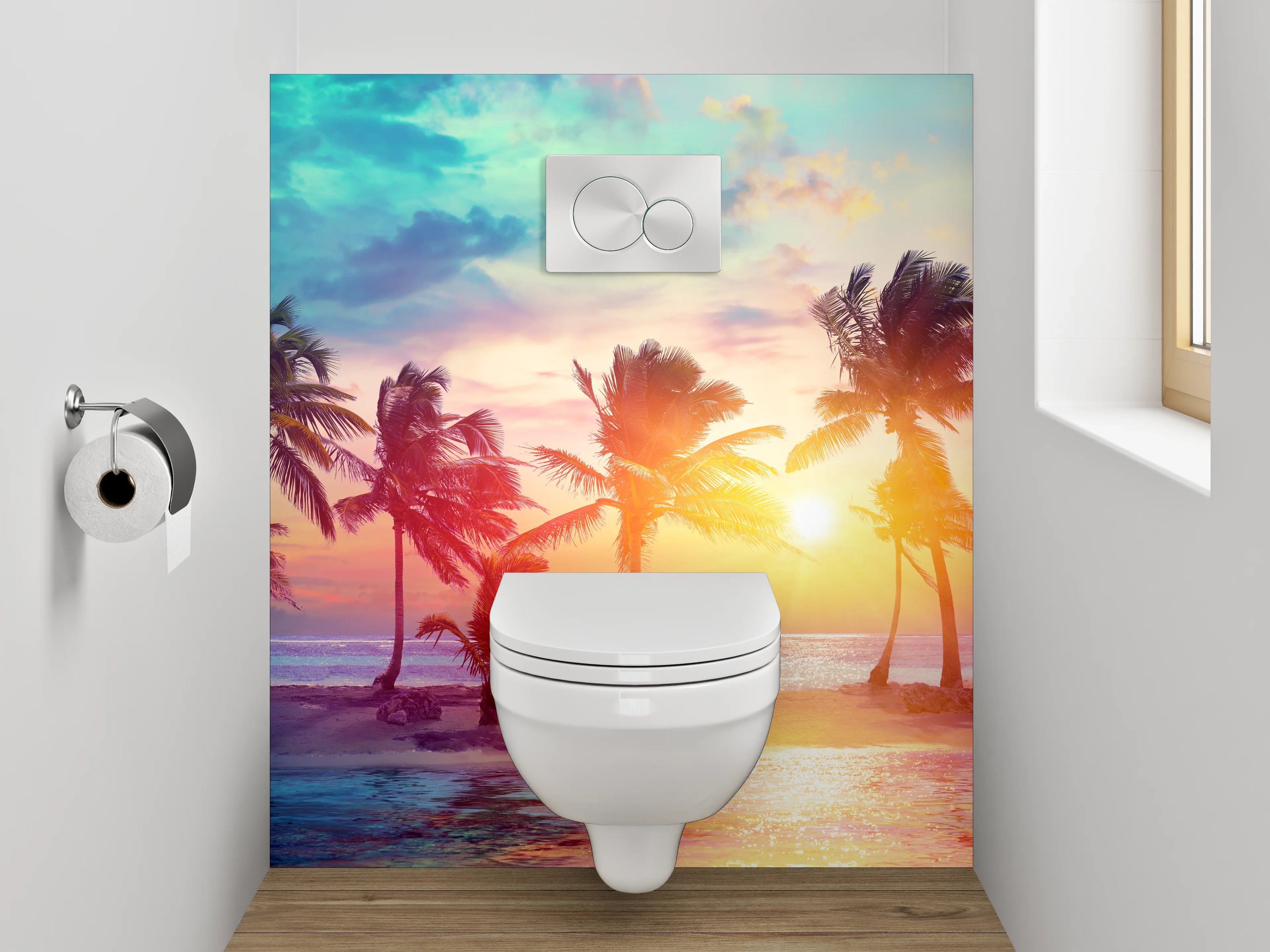 WC-Rückwand - Karibischer Sonnenuntergang mit Palmen