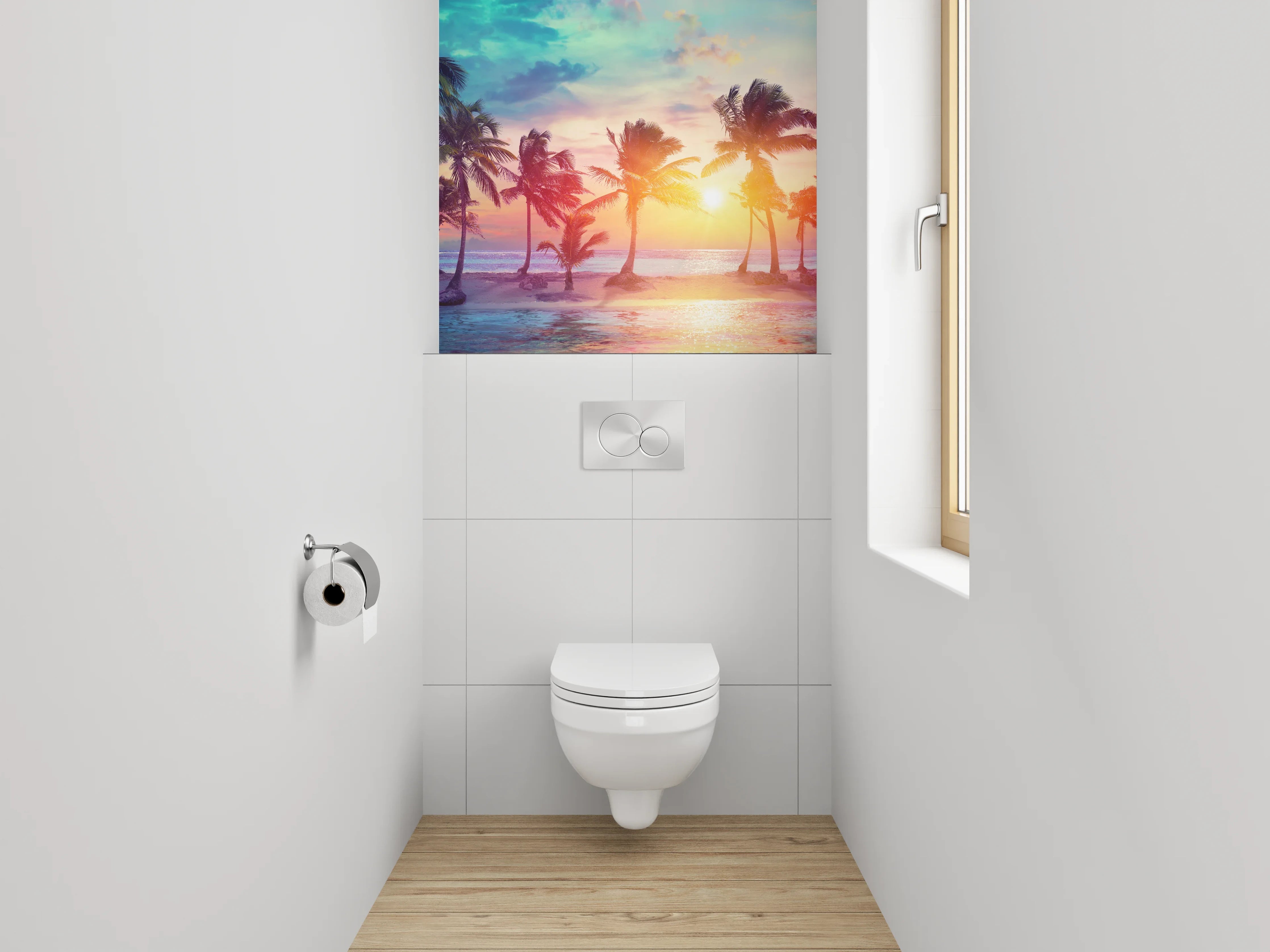 WC-Rückwand - Karibischer Sonnenuntergang mit Palmen