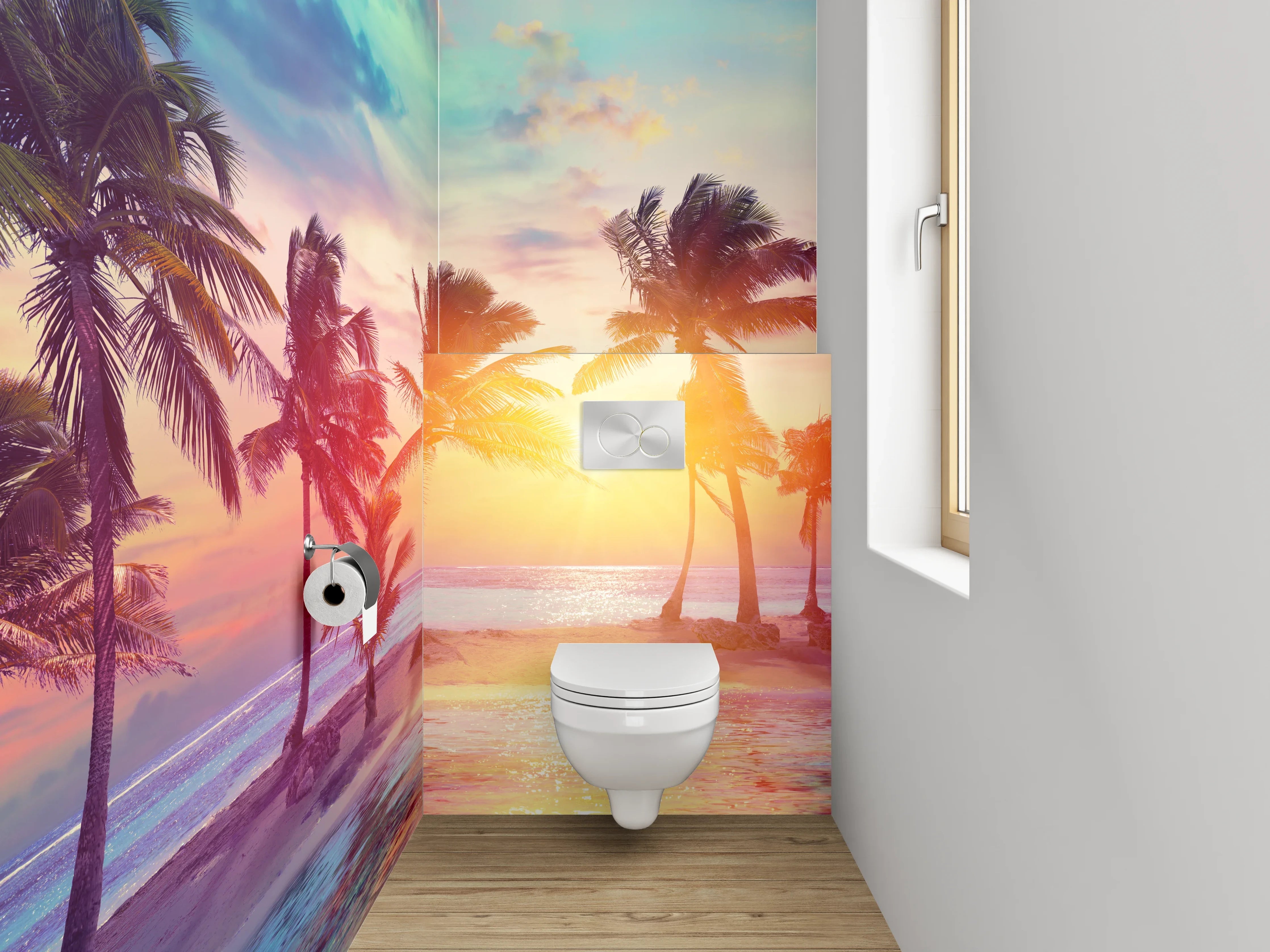 WC-Rückwand - Karibischer Sonnenuntergang mit Palmen