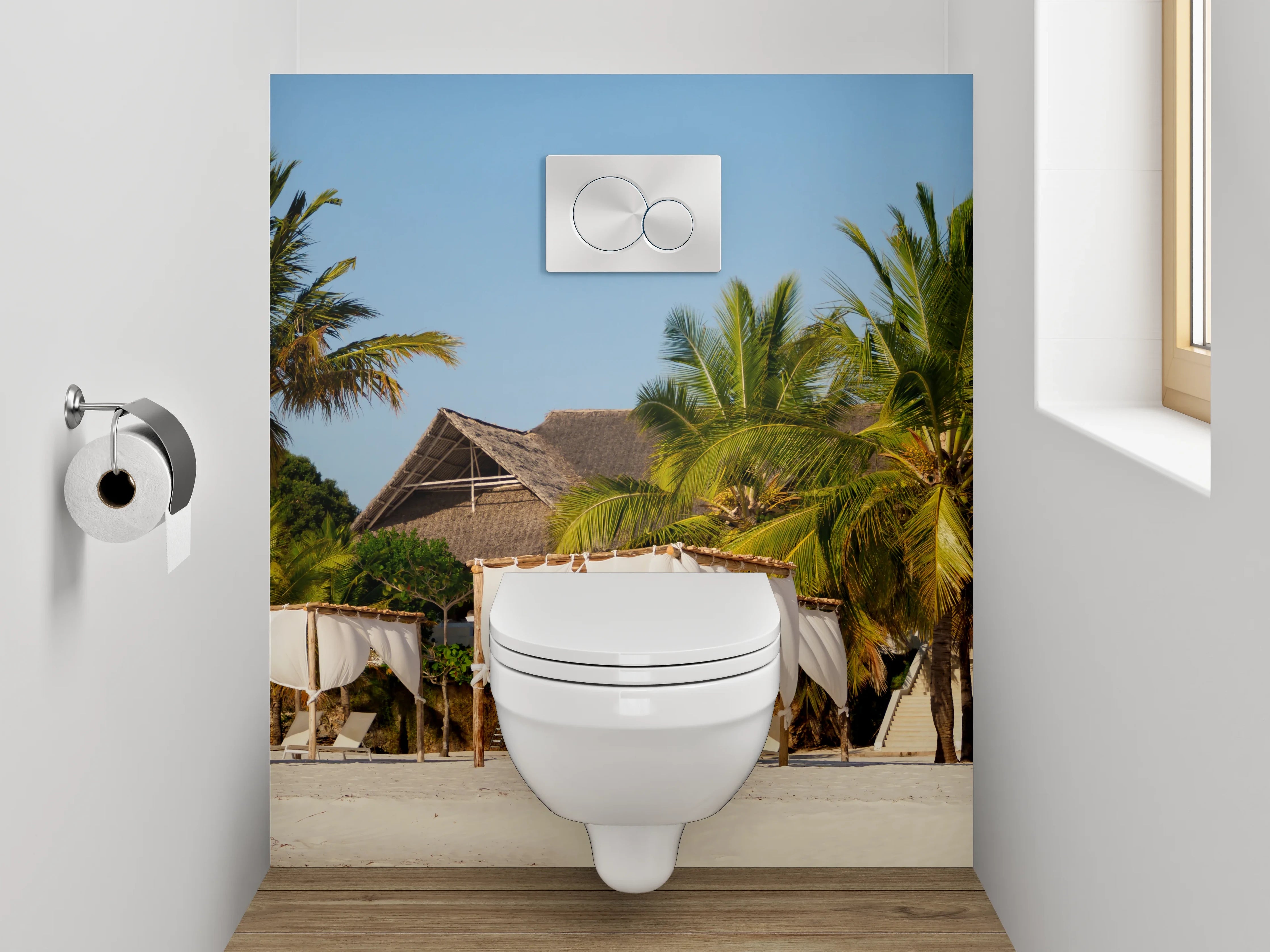 WC-Rückwand - Karibischer Strand – Palmen und Luxus-Lounges
