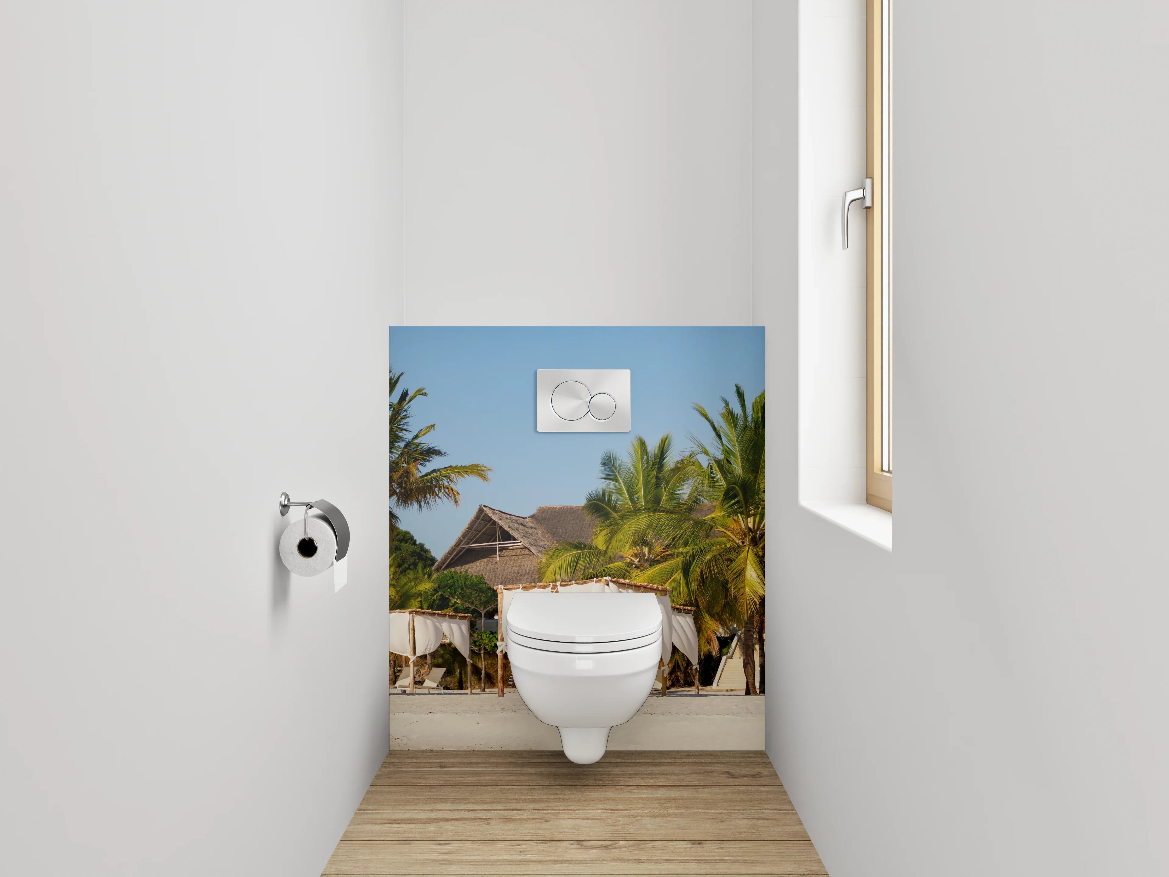 WC-Rückwand - Karibischer Strand – Palmen und Luxus-Lounges