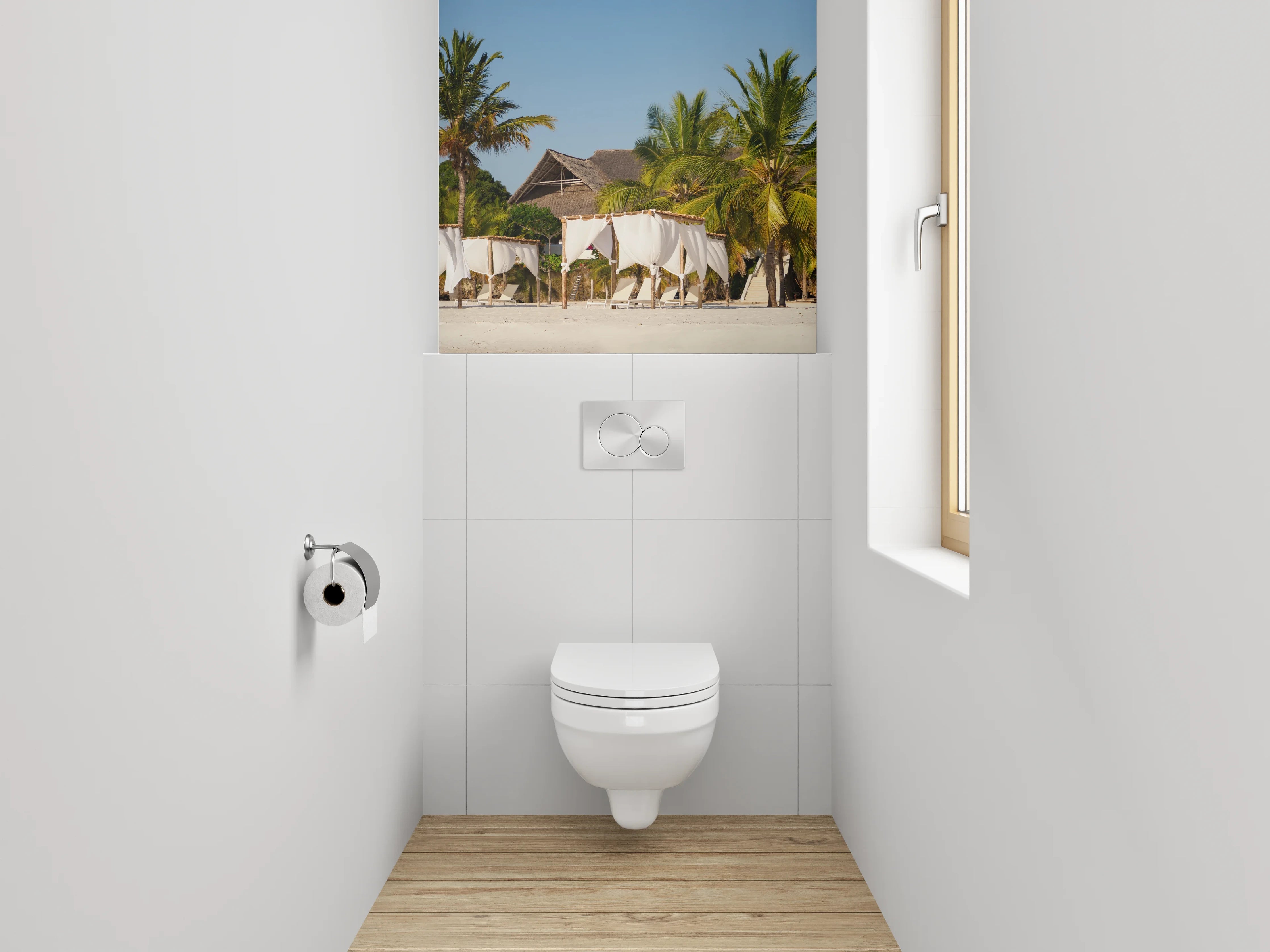 WC-Rückwand - Karibischer Strand – Palmen und Luxus-Lounges