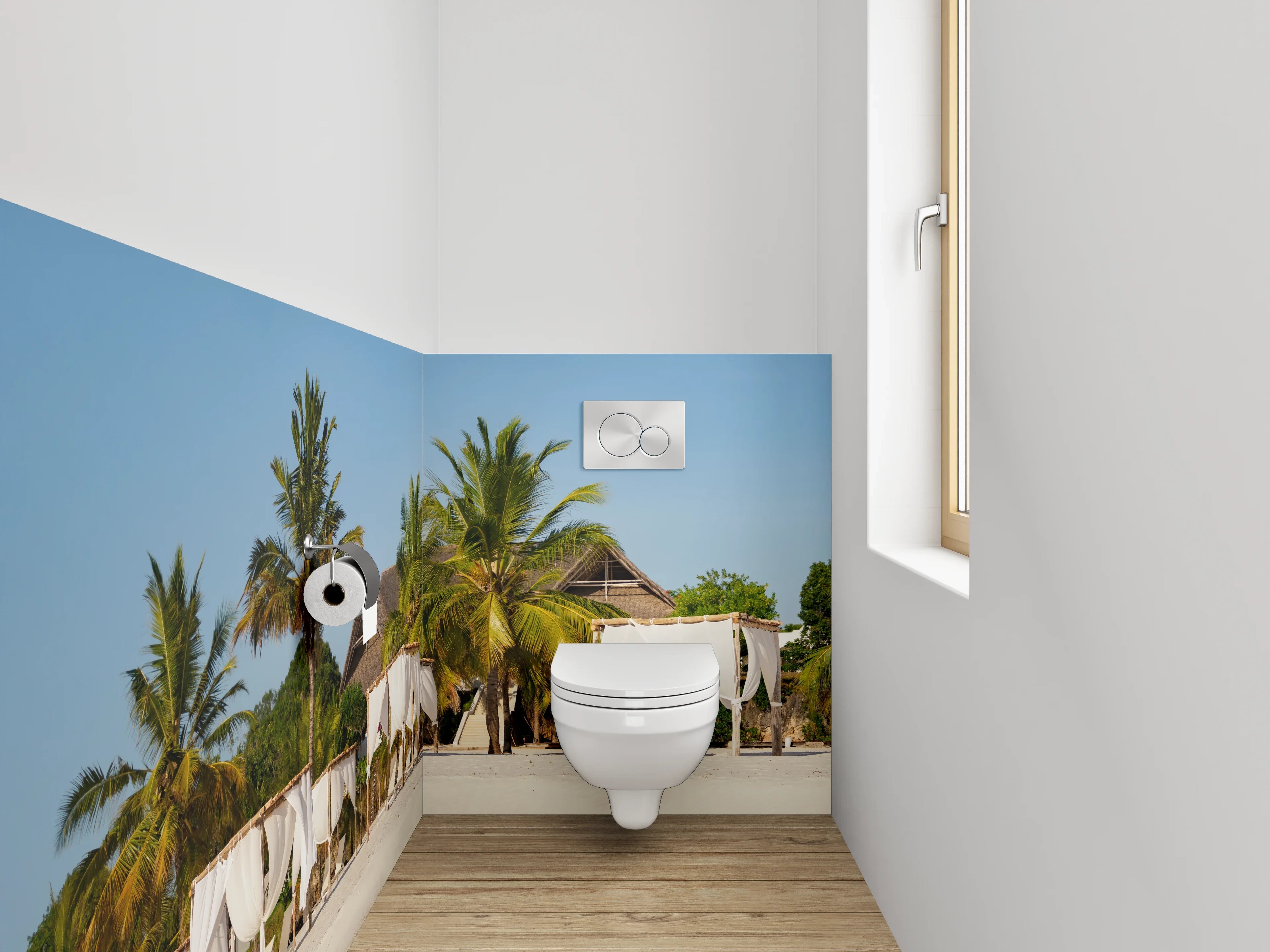 WC-Rückwand - Karibischer Strand – Palmen und Luxus-Lounges
