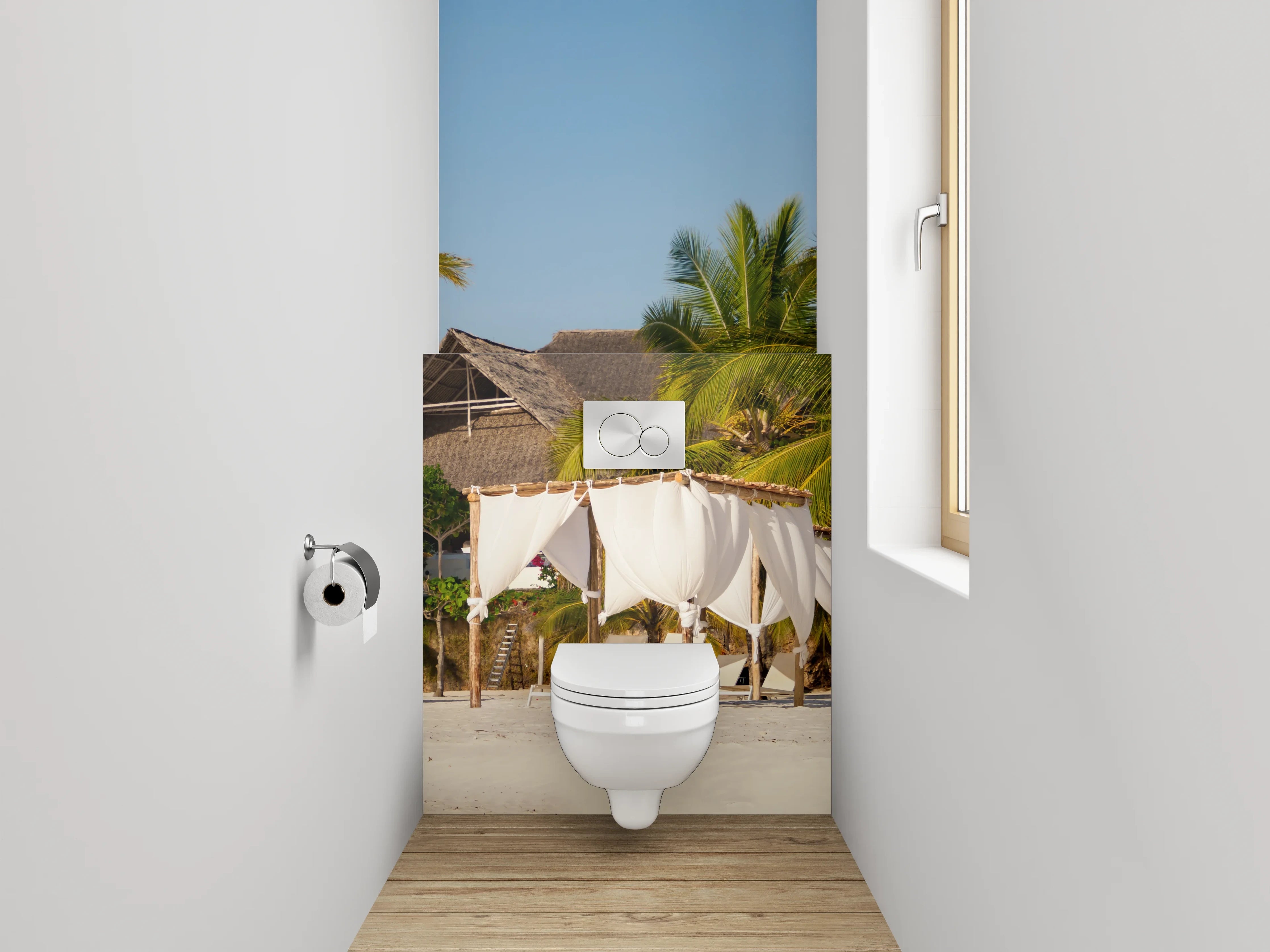 WC-Rückwand - Karibischer Strand – Palmen und Luxus-Lounges