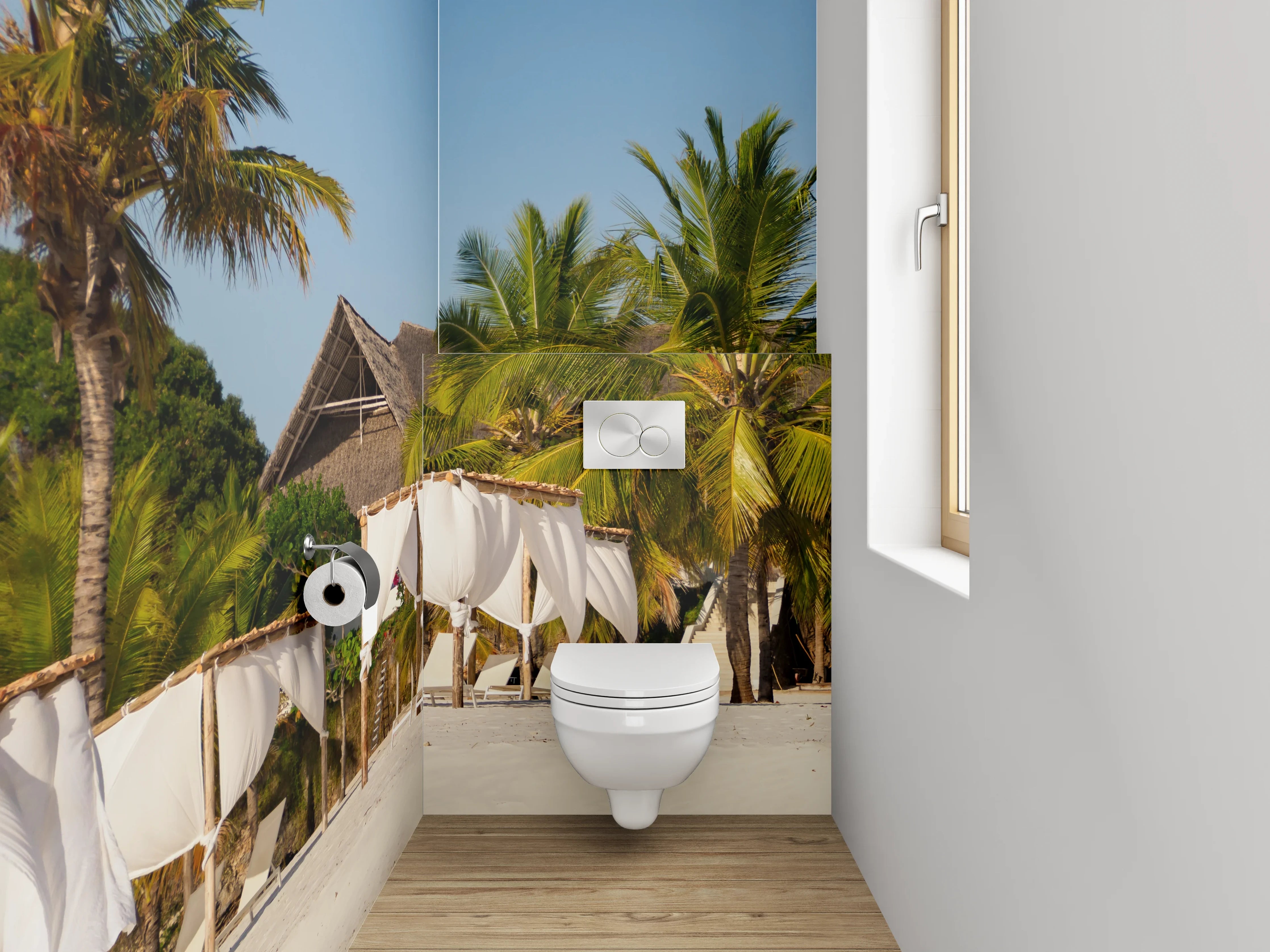 WC-Rückwand - Karibischer Strand – Palmen und Luxus-Lounges