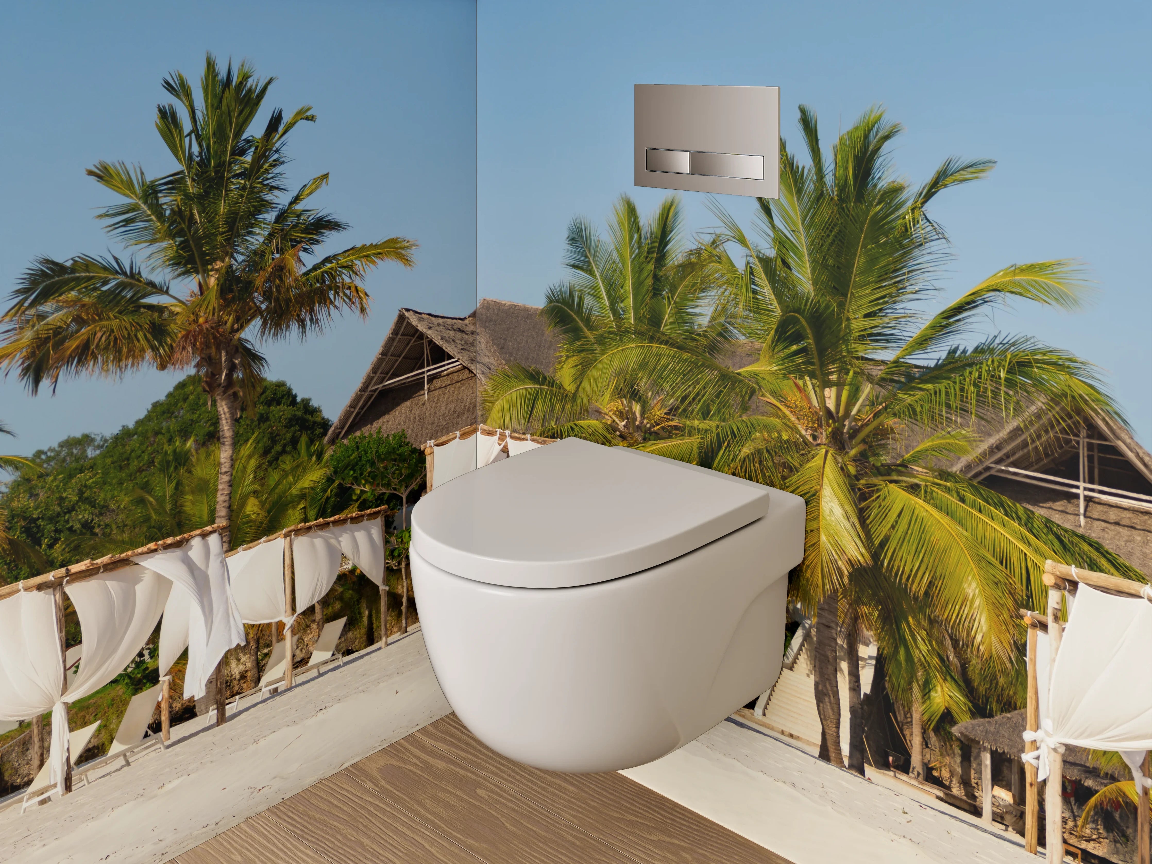 WC-Rückwand - Karibischer Strand – Palmen und Luxus-Lounges