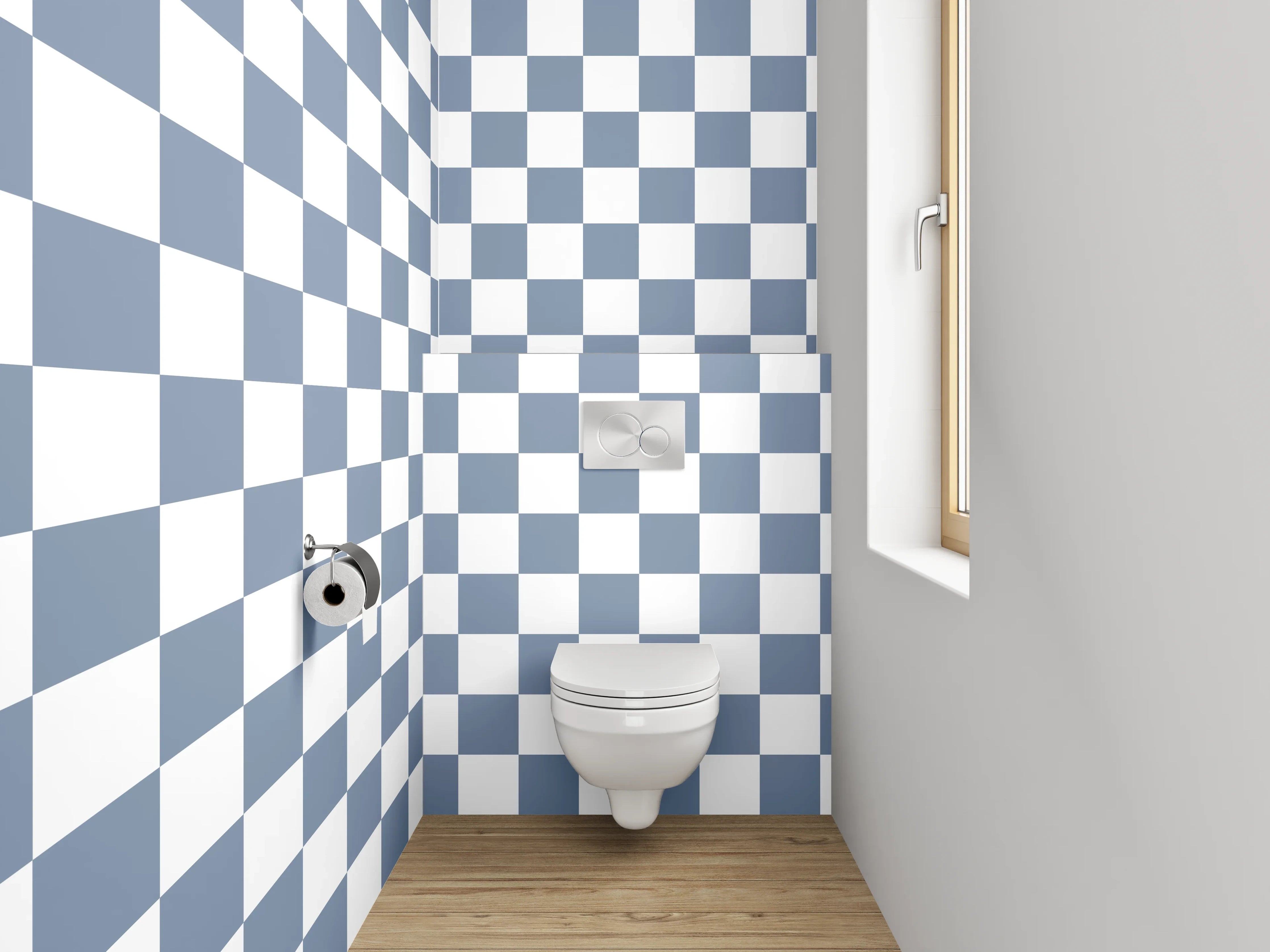 WC-Rückwand - Kariertes Muster in Blau-Weiß