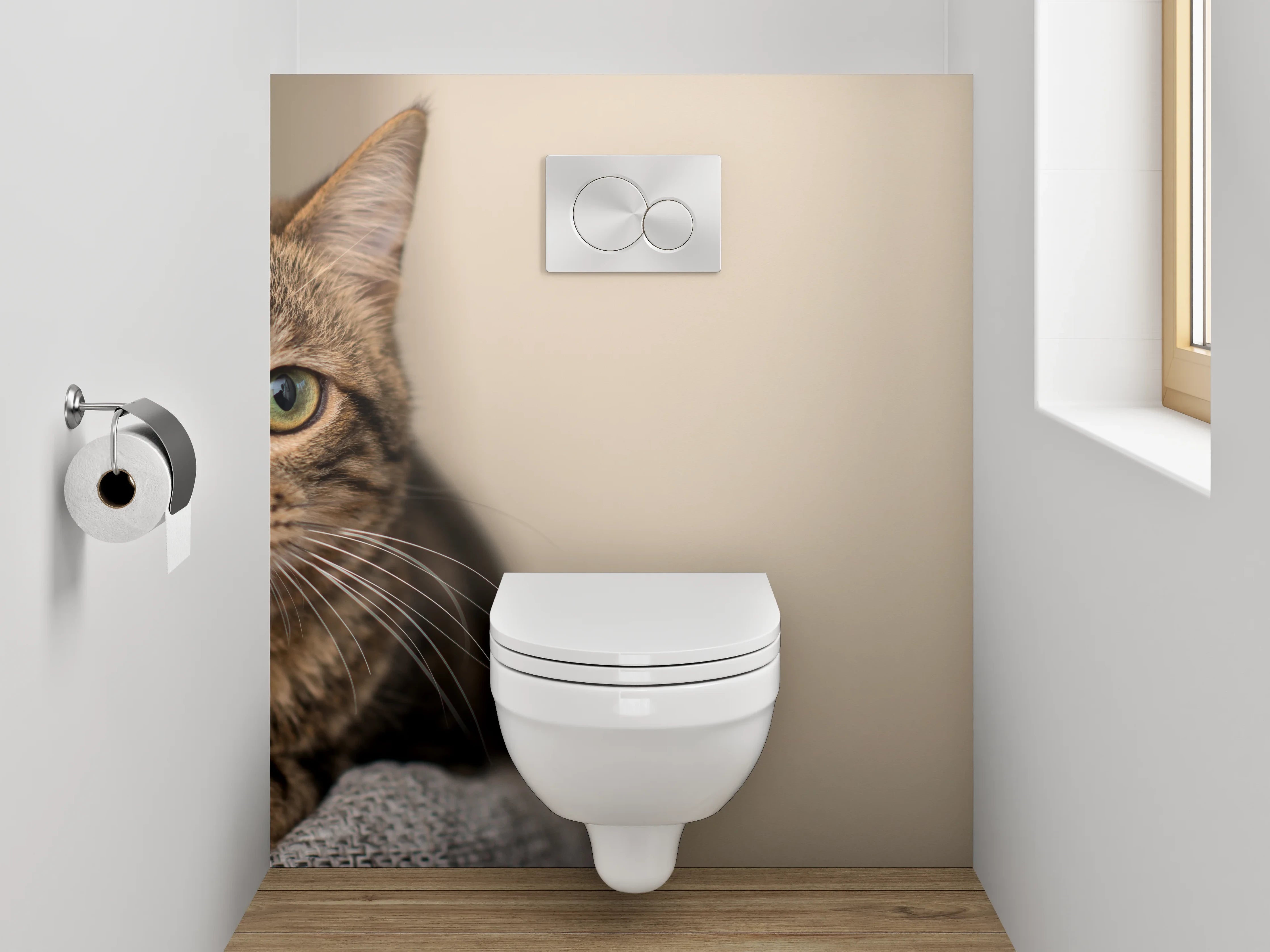 WC-Rückwand - Katzenblick auf beigem Hintergrund
