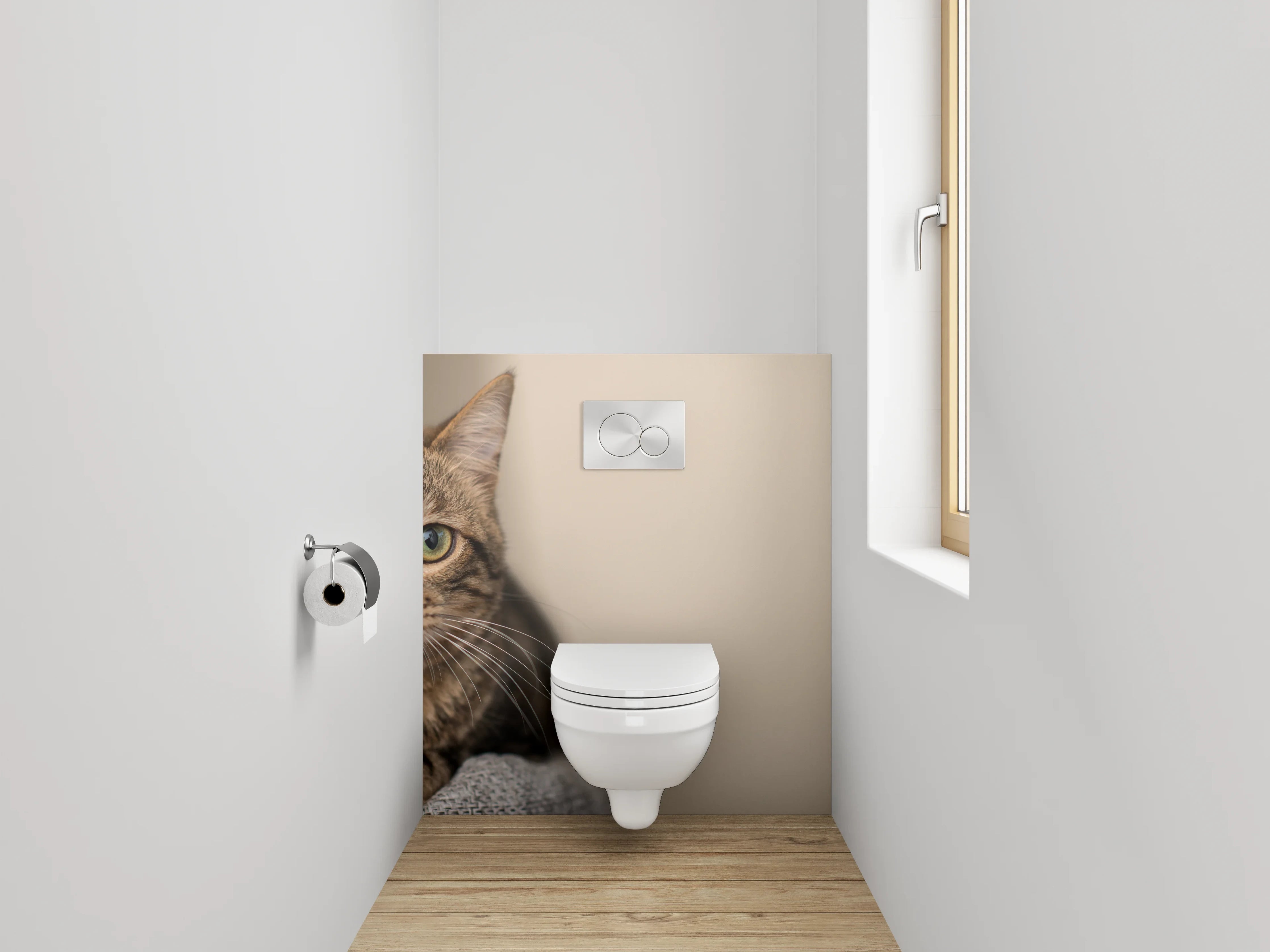 WC-Rückwand - Katzenblick auf beigem Hintergrund
