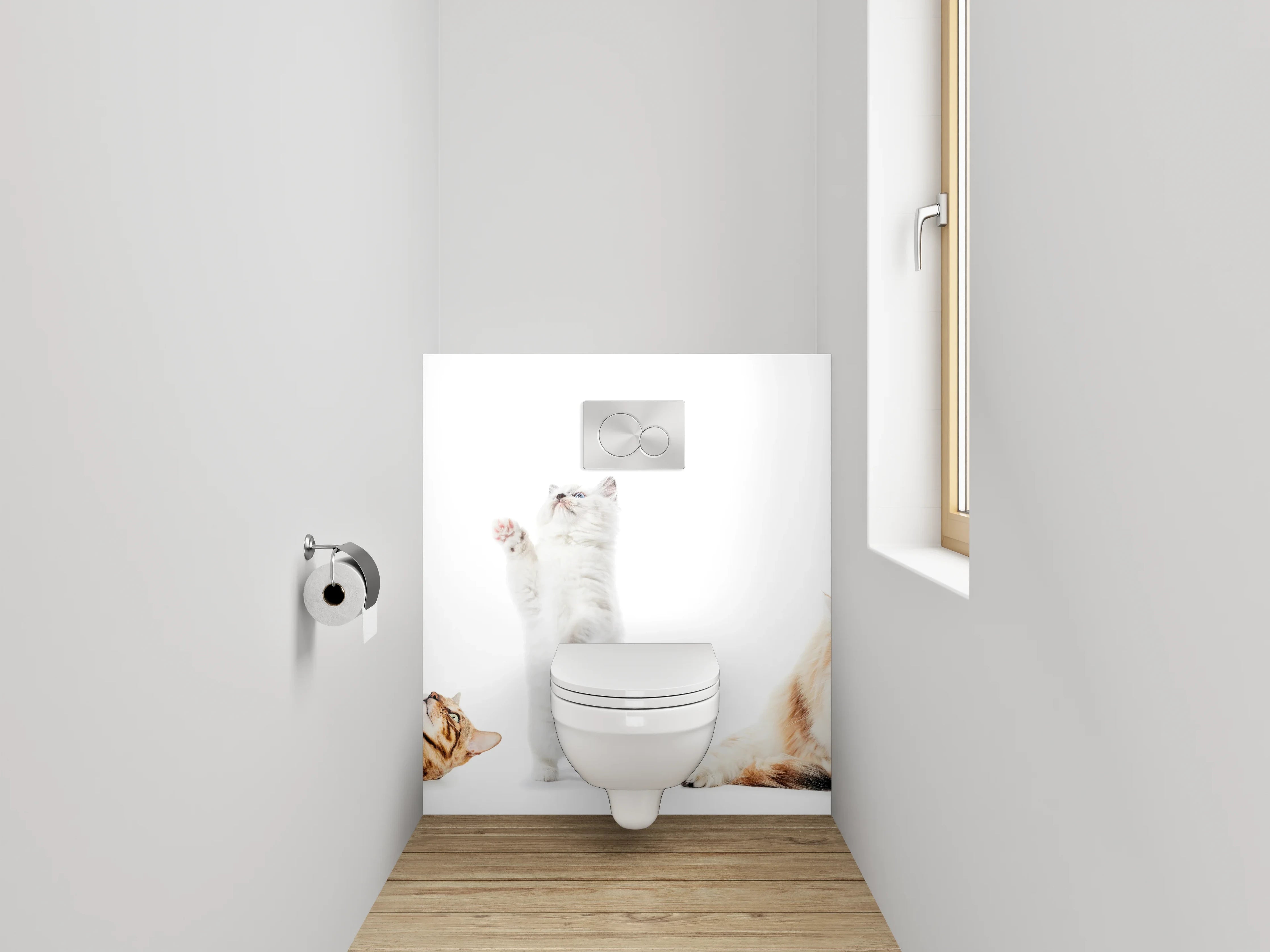 WC-Rückwand - Katzenparade auf weißem Hintergrund