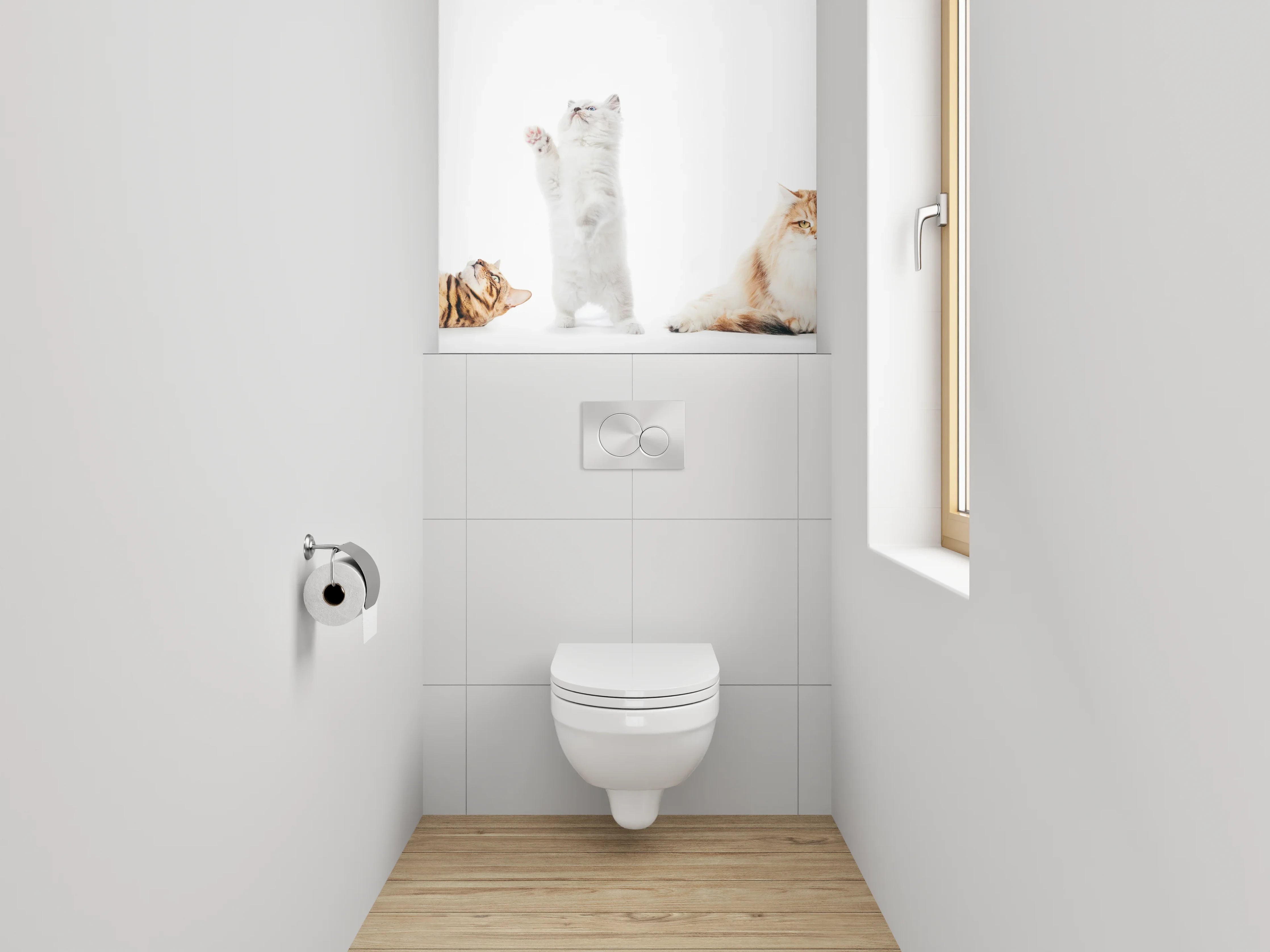 WC-Rückwand - Katzenparade auf weißem Hintergrund