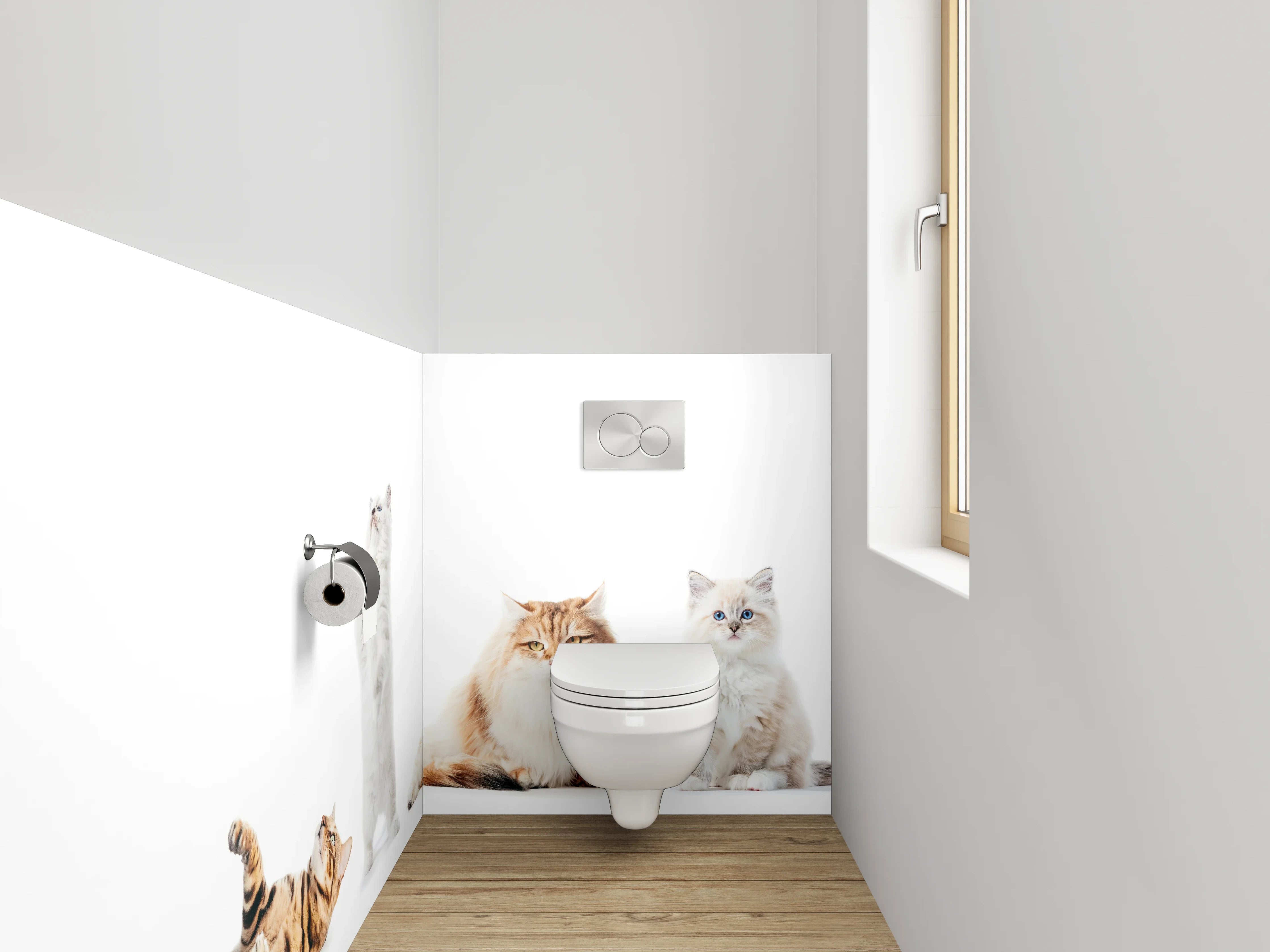 WC-Rückwand - Katzenparade auf weißem Hintergrund