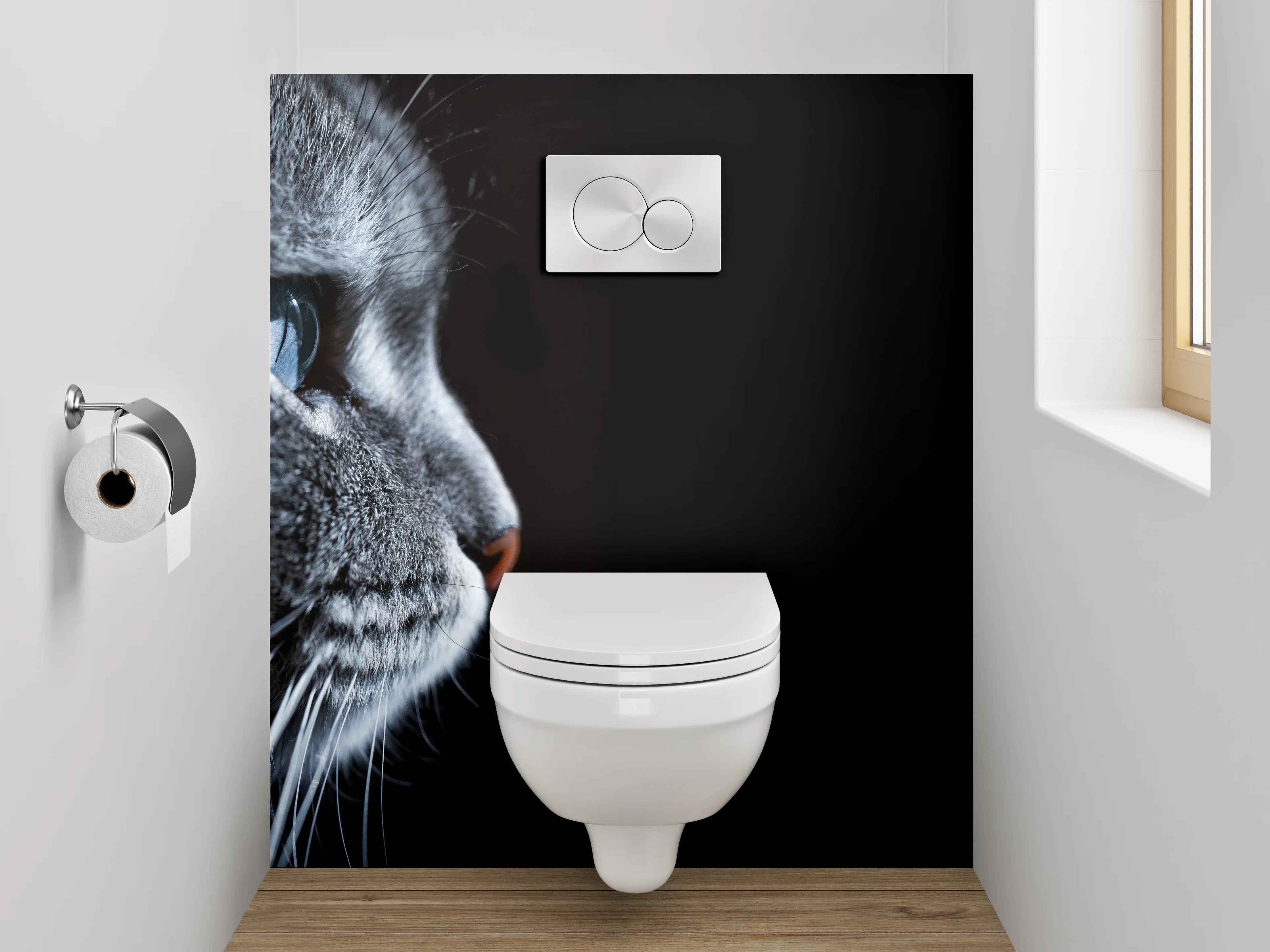WC-Rückwand - Katzenprofil – Graue Katze mit blauem Auge