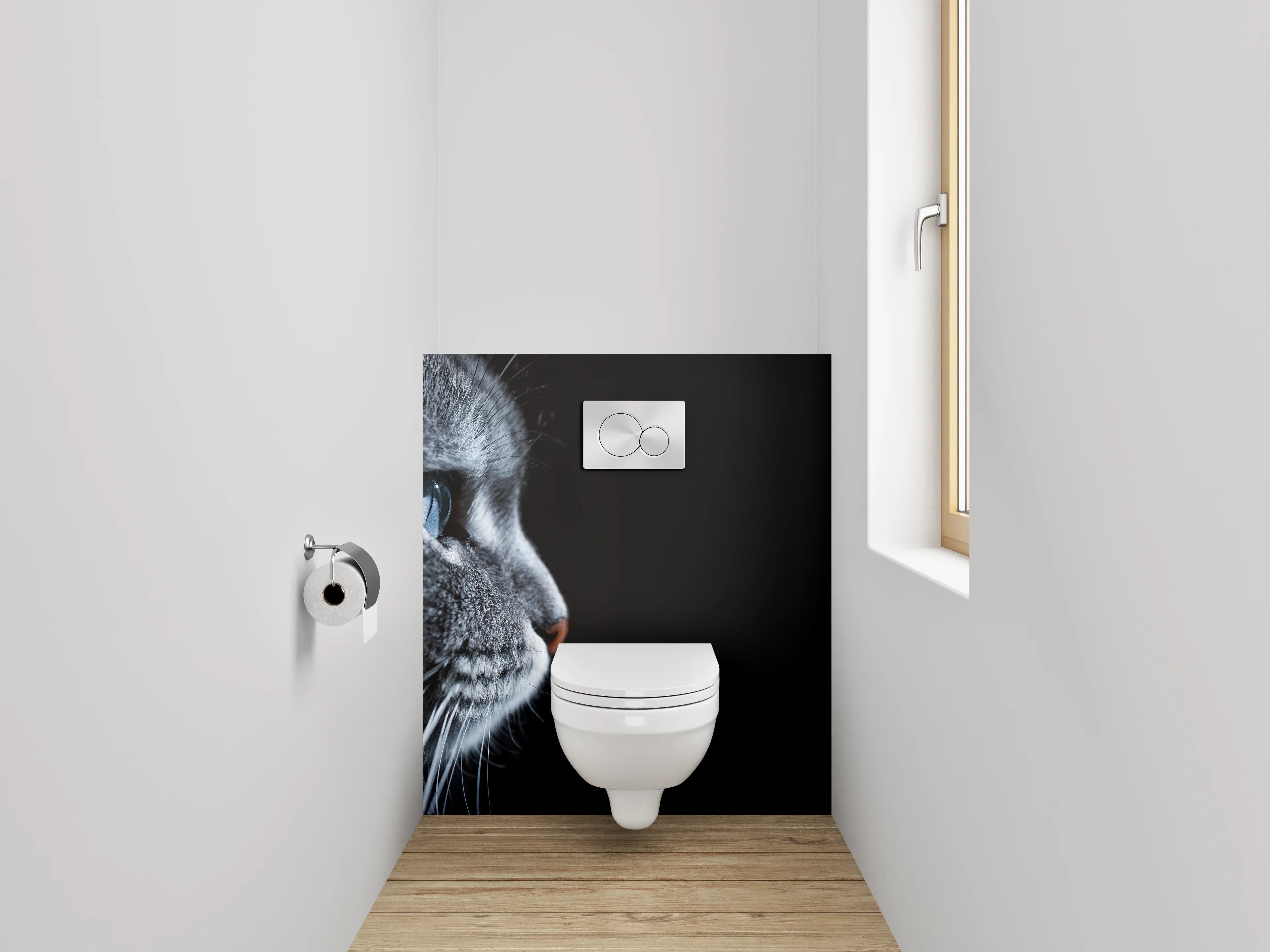 WC-Rückwand - Katzenprofil – Graue Katze mit blauem Auge