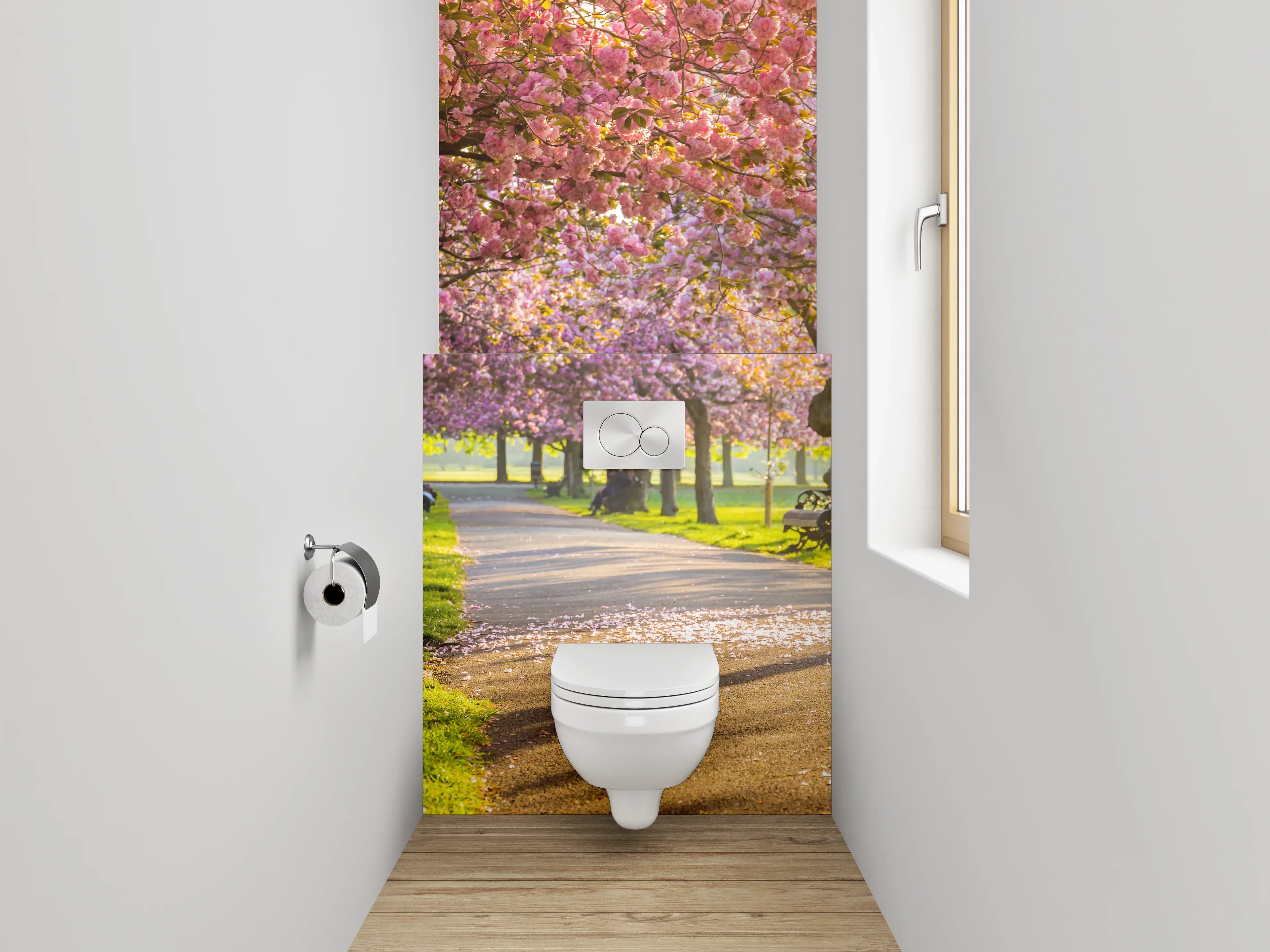 WC-Rückwand - Kirschblüten Allee im Sonnenlicht
