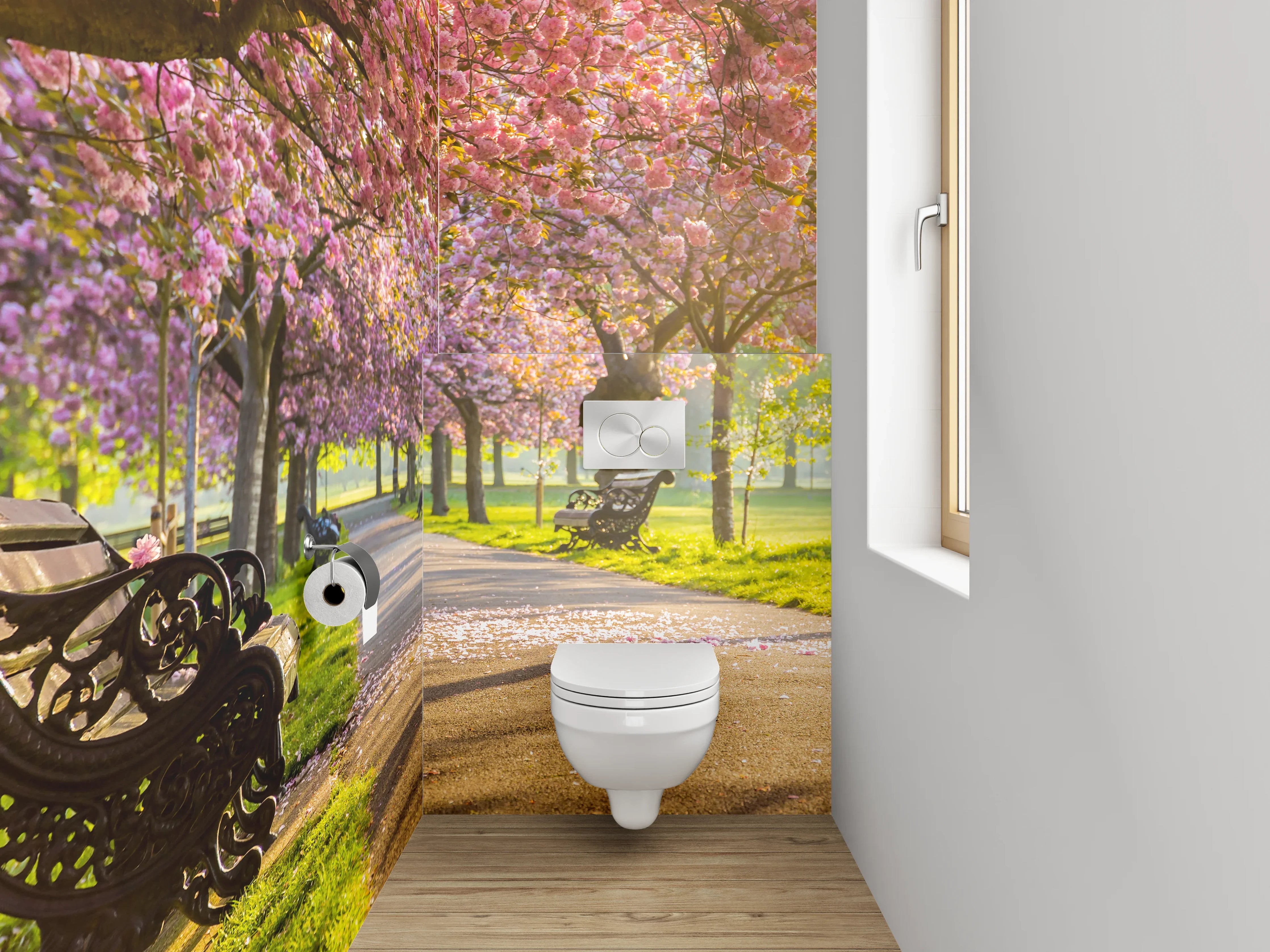 WC-Rückwand - Kirschblüten Allee im Sonnenlicht