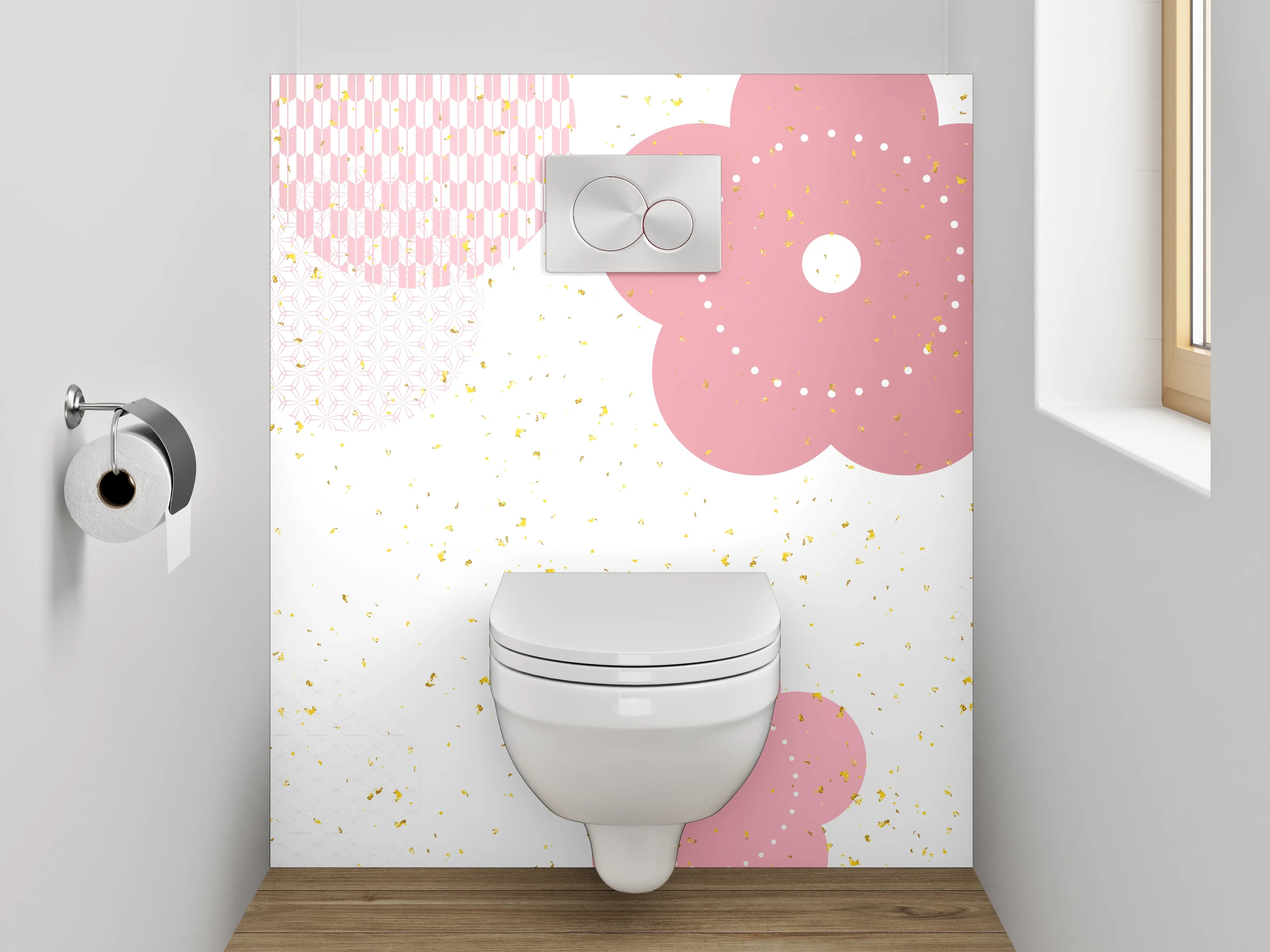 WC-Rückwand - Kirschblüten Design Rosa Weiß Gold