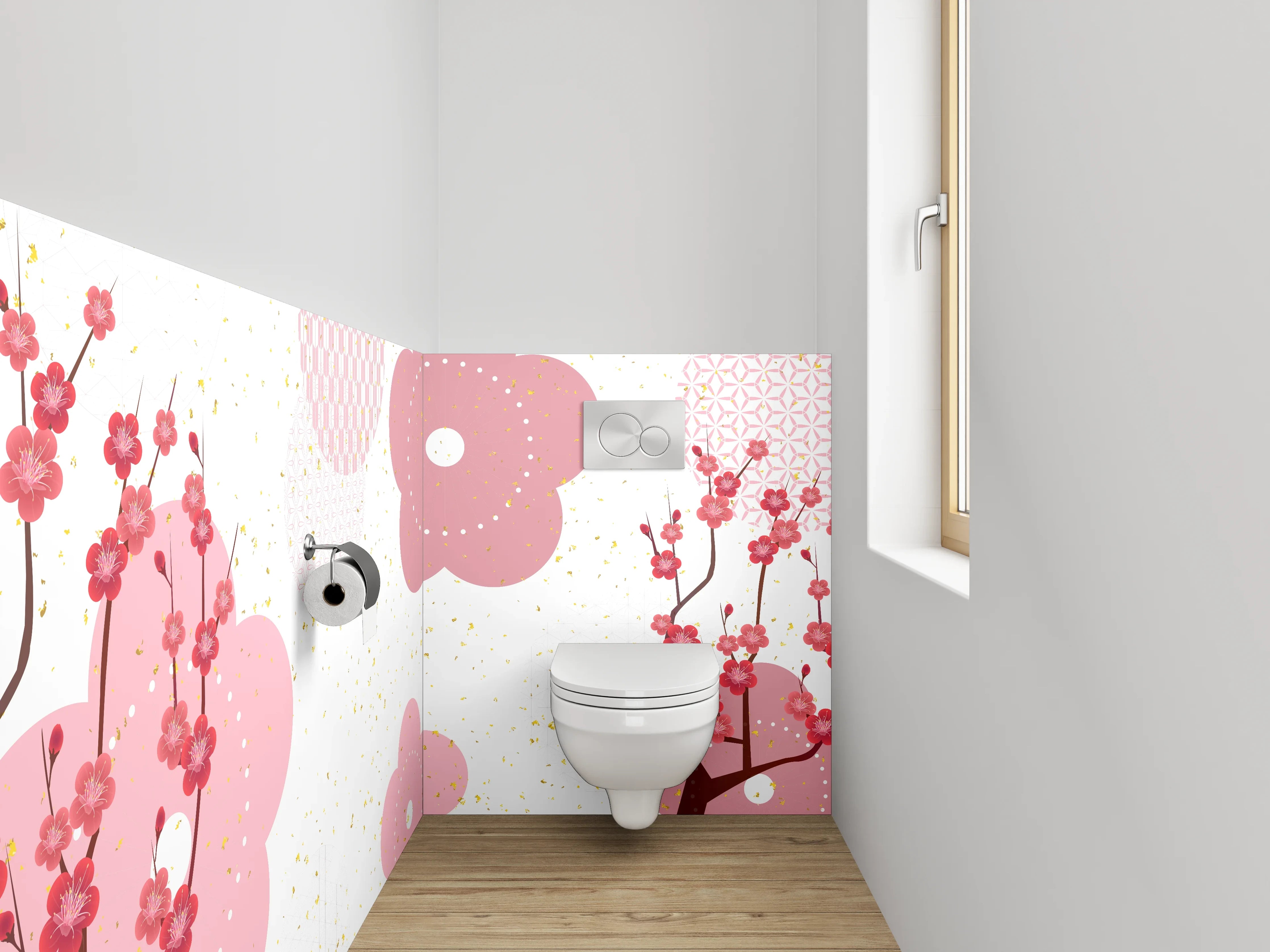 WC-Rückwand - Kirschblüten Design Rosa Weiß Gold