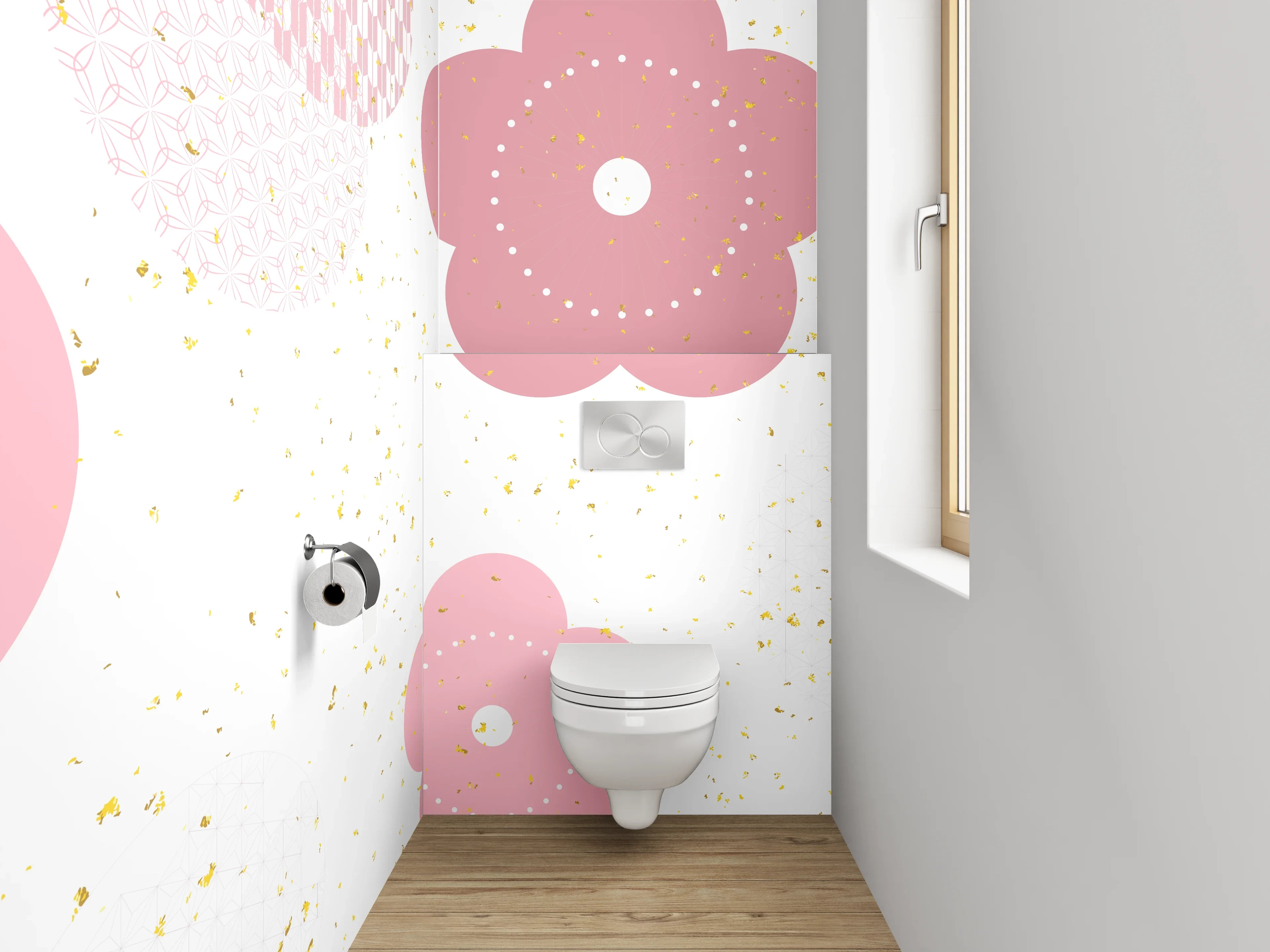 WC-Rückwand - Kirschblüten Design Rosa Weiß Gold