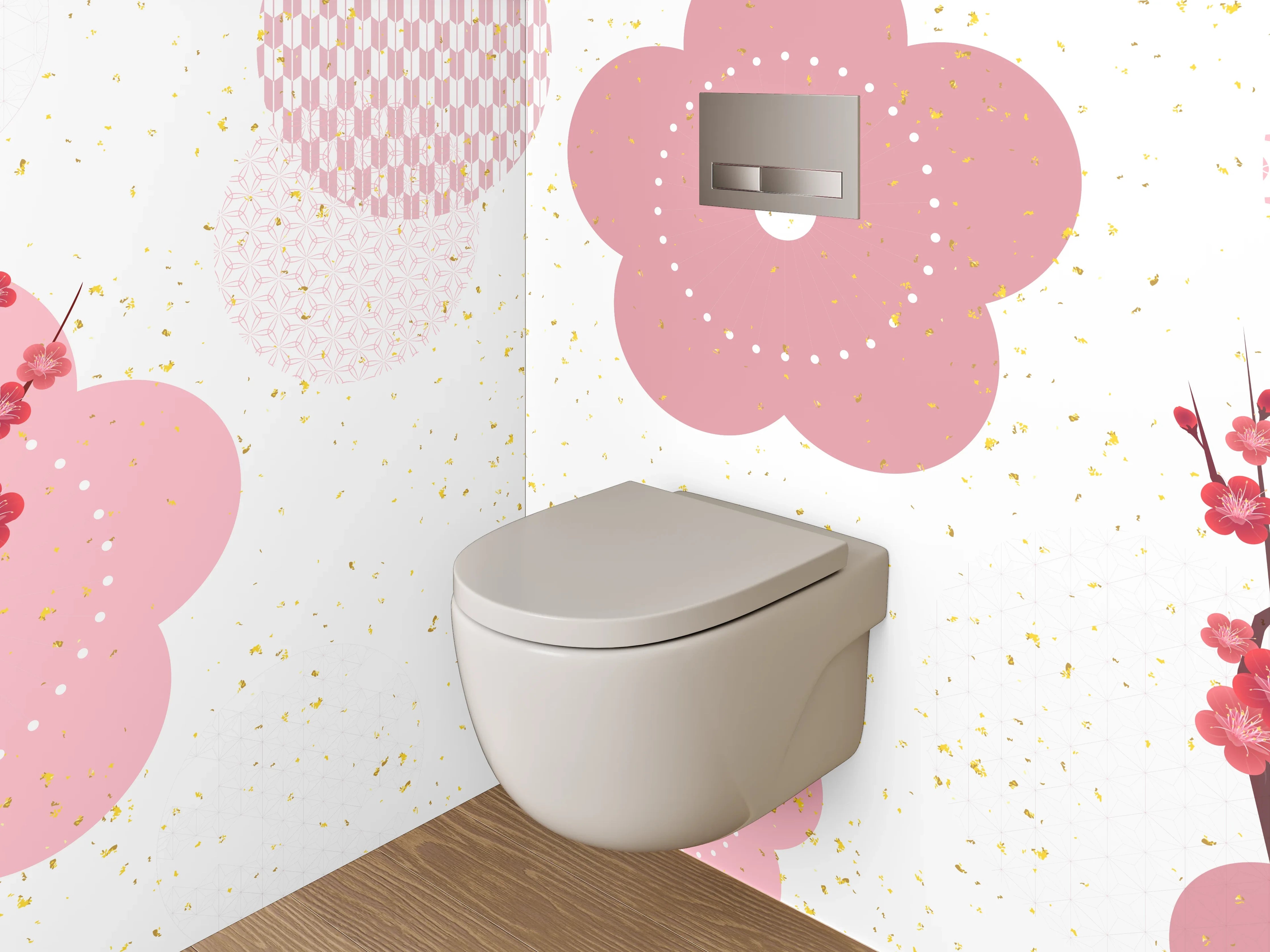 WC-Rückwand - Kirschblüten Design Rosa Weiß Gold