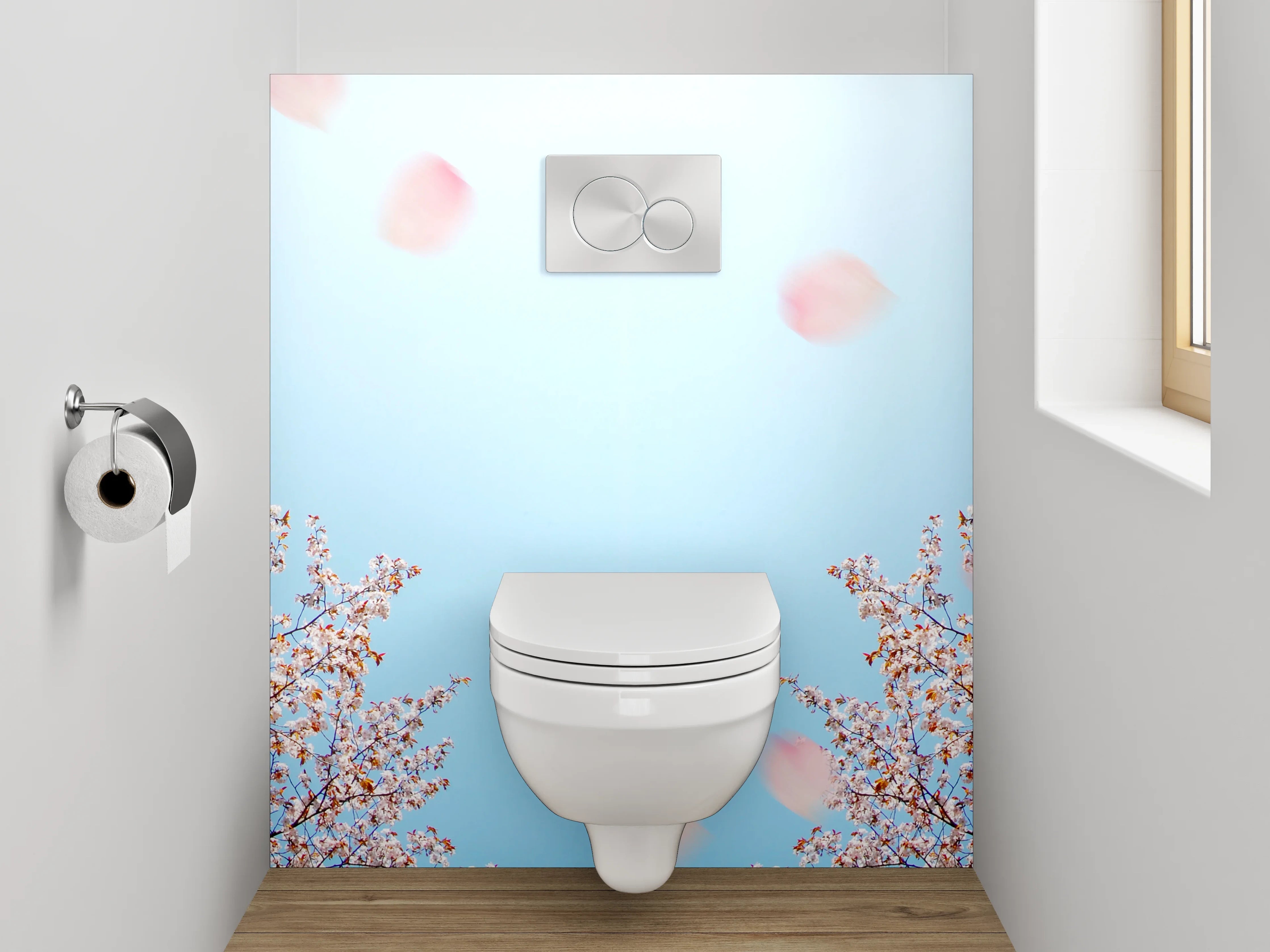 WC-Rückwand - Kirschblütenhimmel auf blauem Hintergrund
