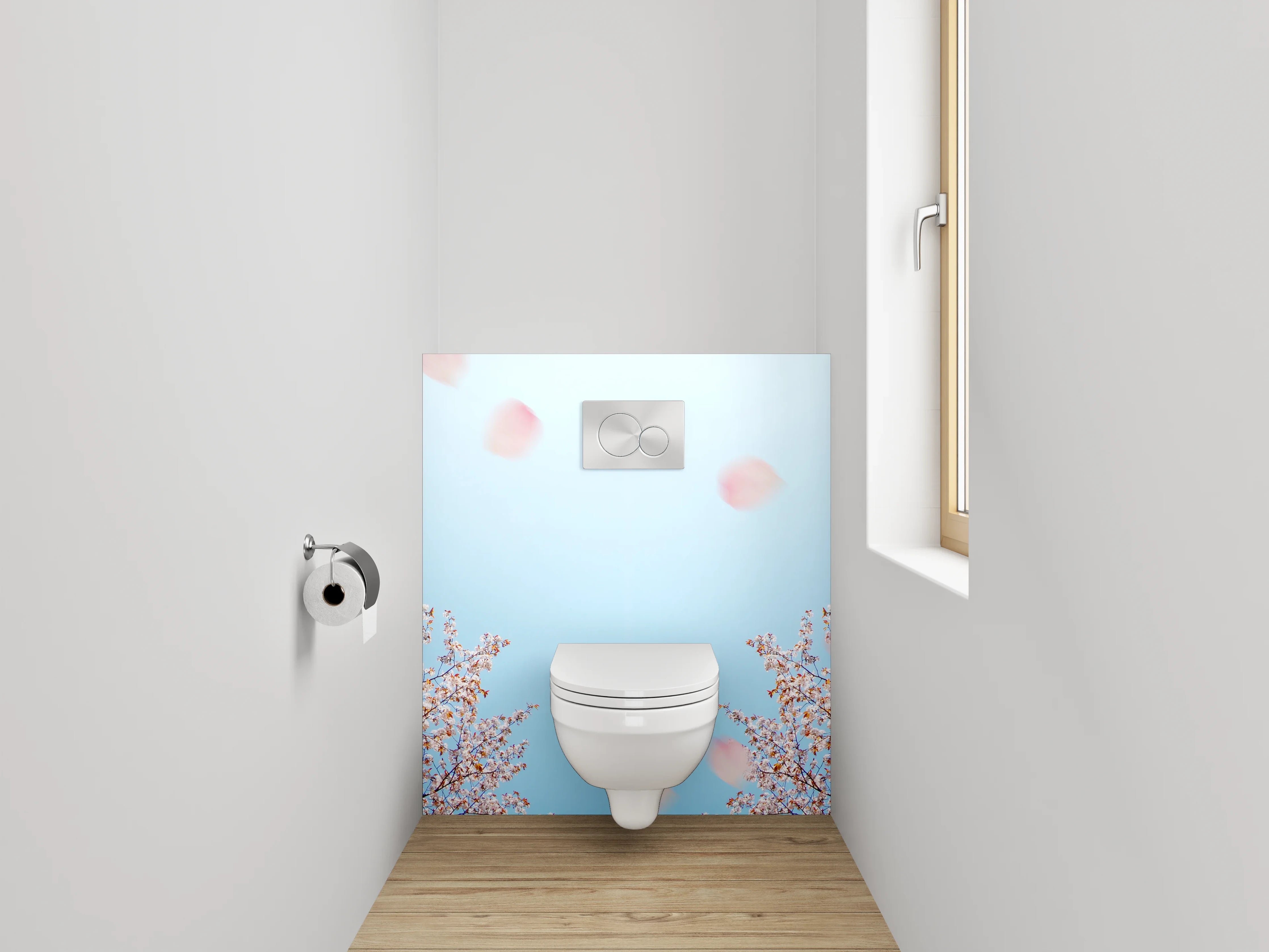 WC-Rückwand - Kirschblütenhimmel auf blauem Hintergrund