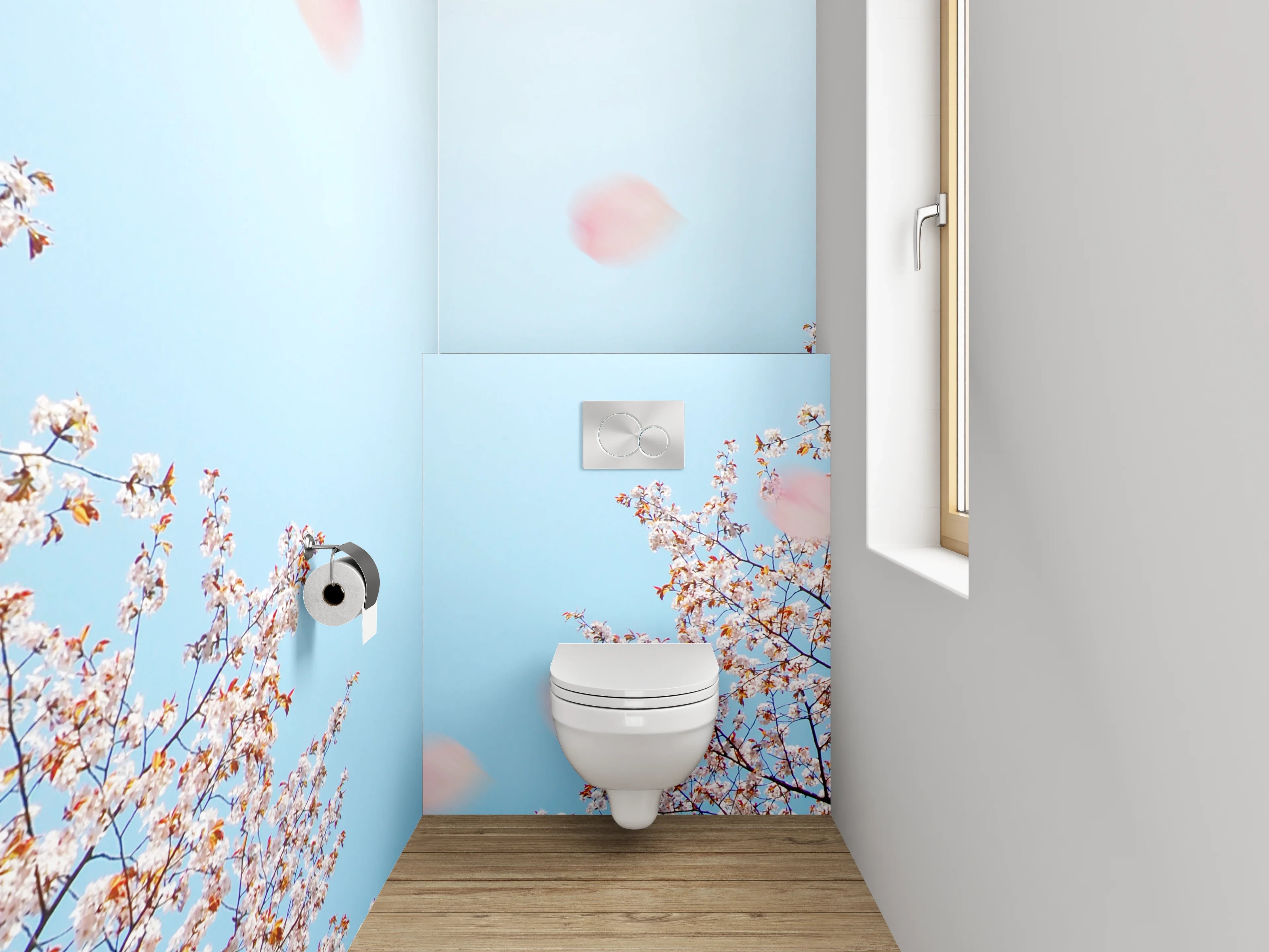 WC-Rückwand - Kirschblütenhimmel auf blauem Hintergrund
