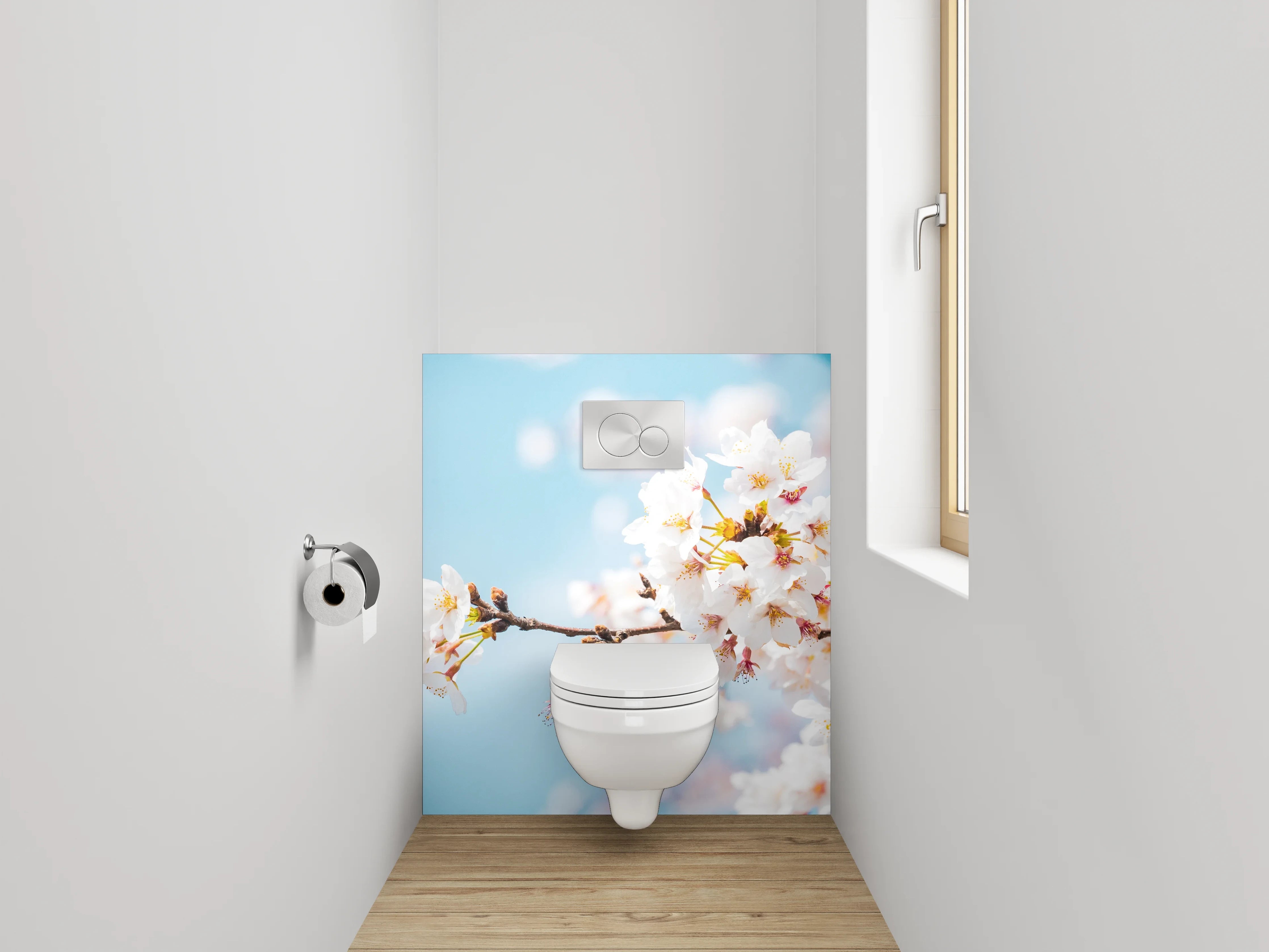 WC-Rückwand - Kirschblütenzweig vor blauem Himmel