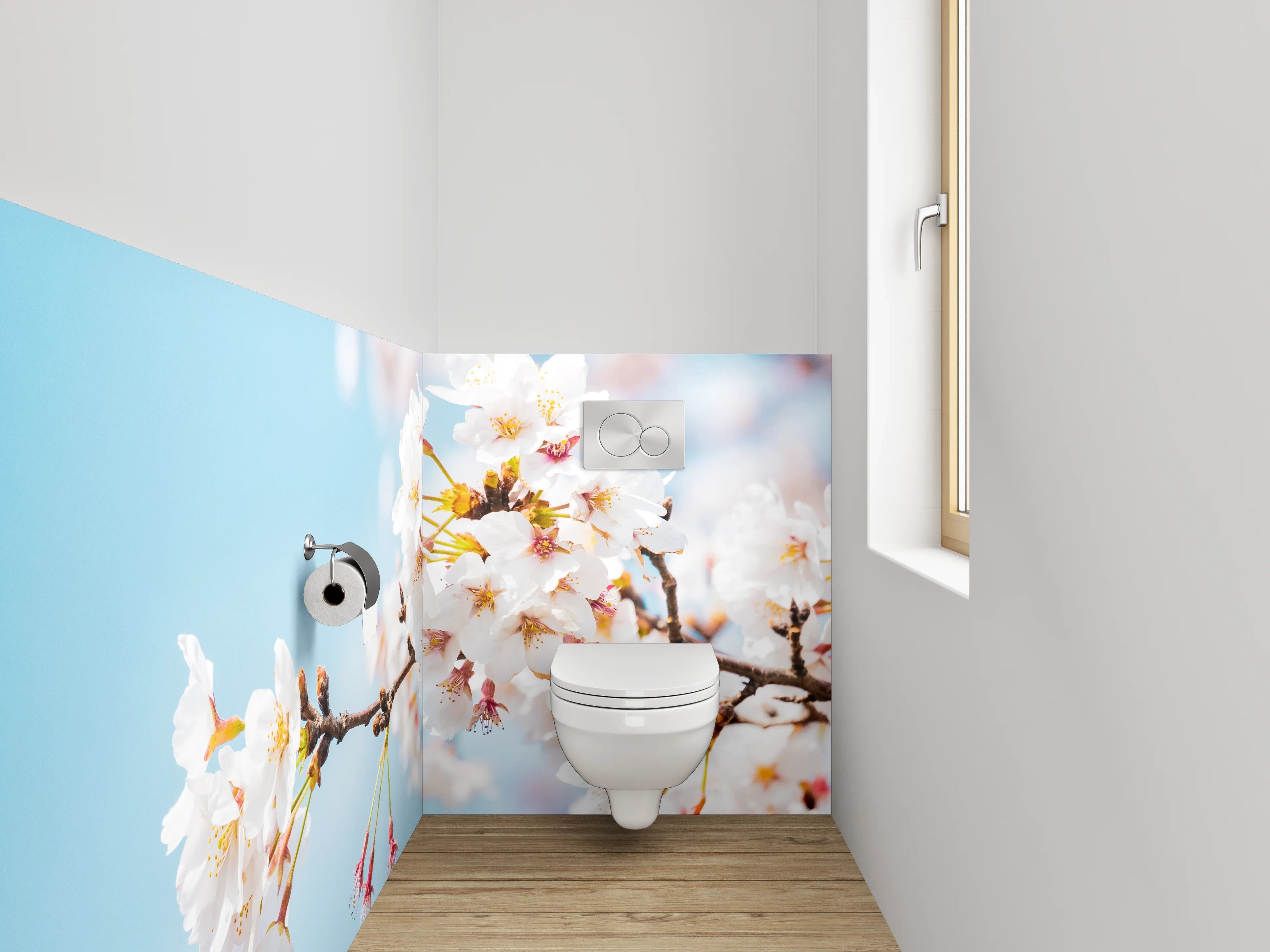 WC-Rückwand - Kirschblütenzweig vor blauem Himmel
