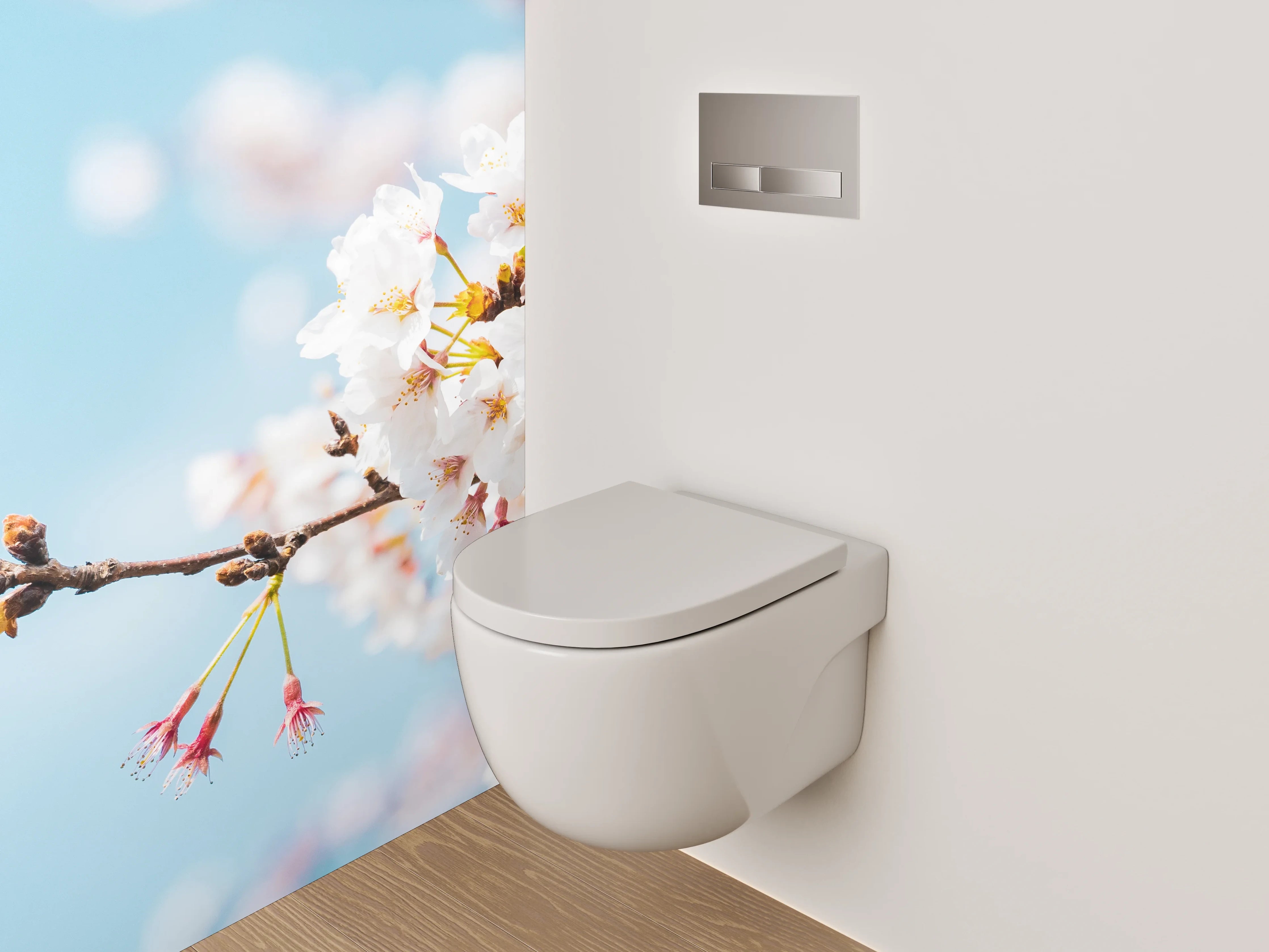 WC-Rückwand - Kirschblütenzweig vor blauem Himmel