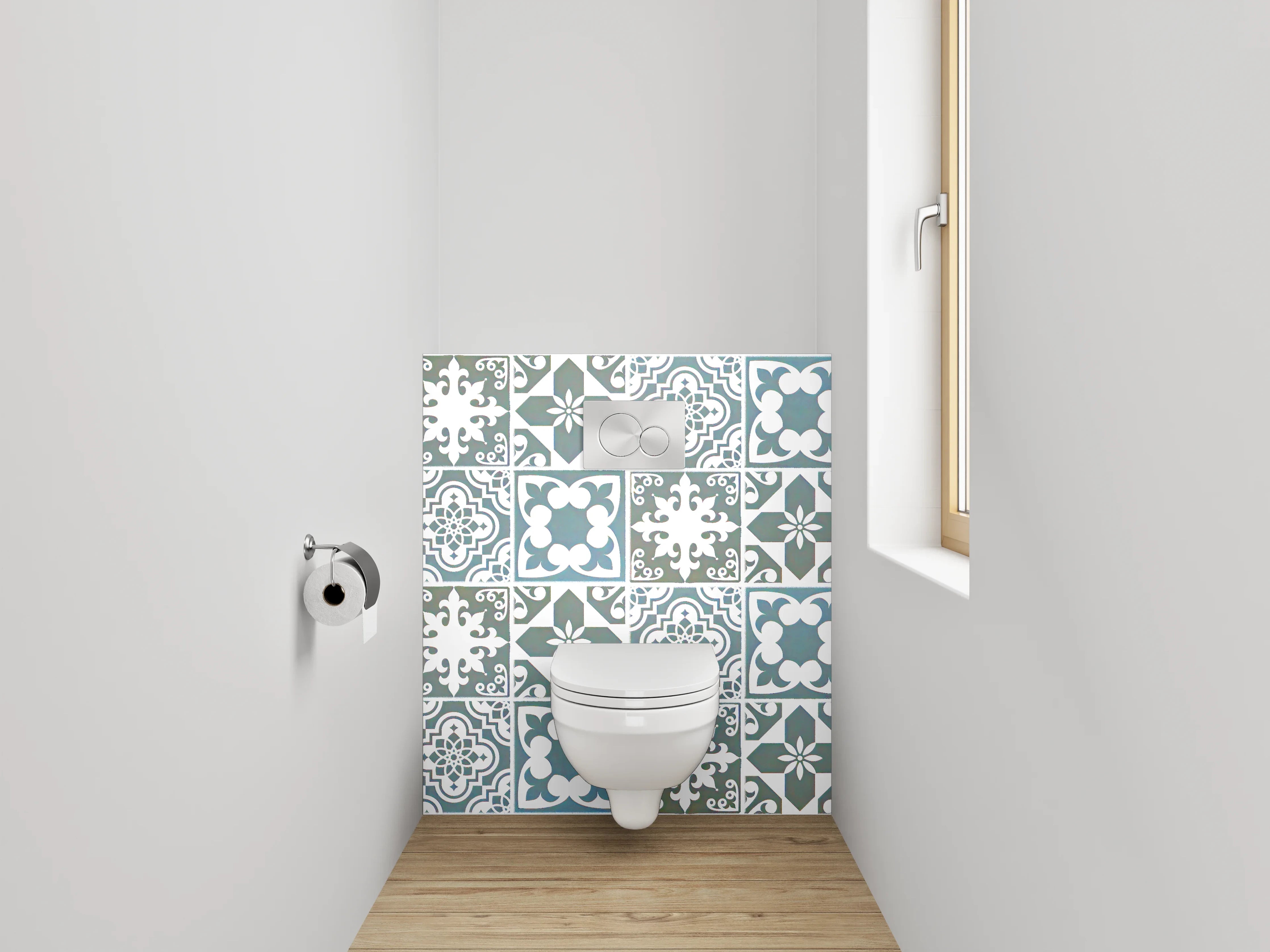 WC-Rückwand - Klassische Blautöne auf grauweißen Fliesen