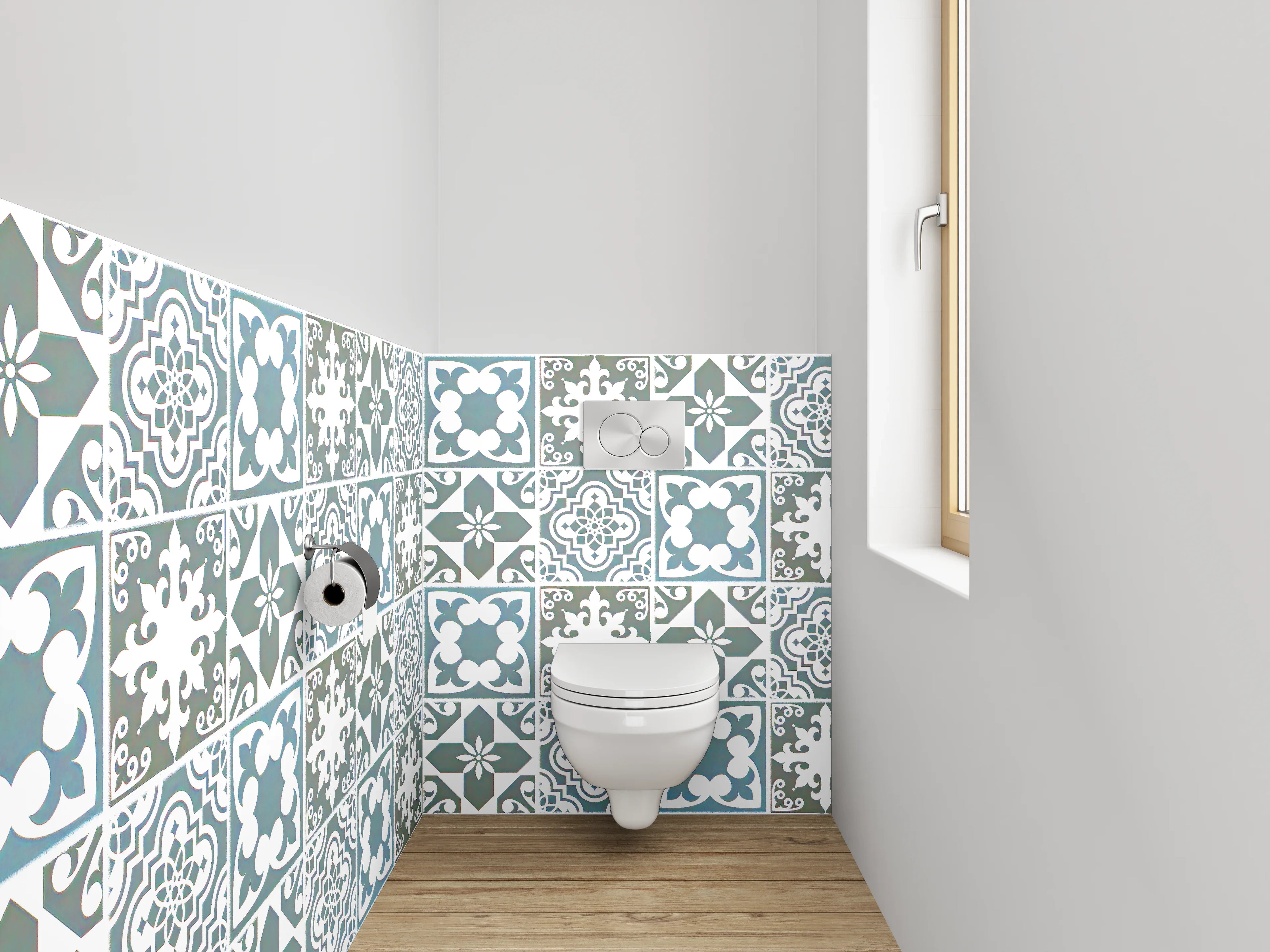 WC-Rückwand - Klassische Blautöne auf grauweißen Fliesen
