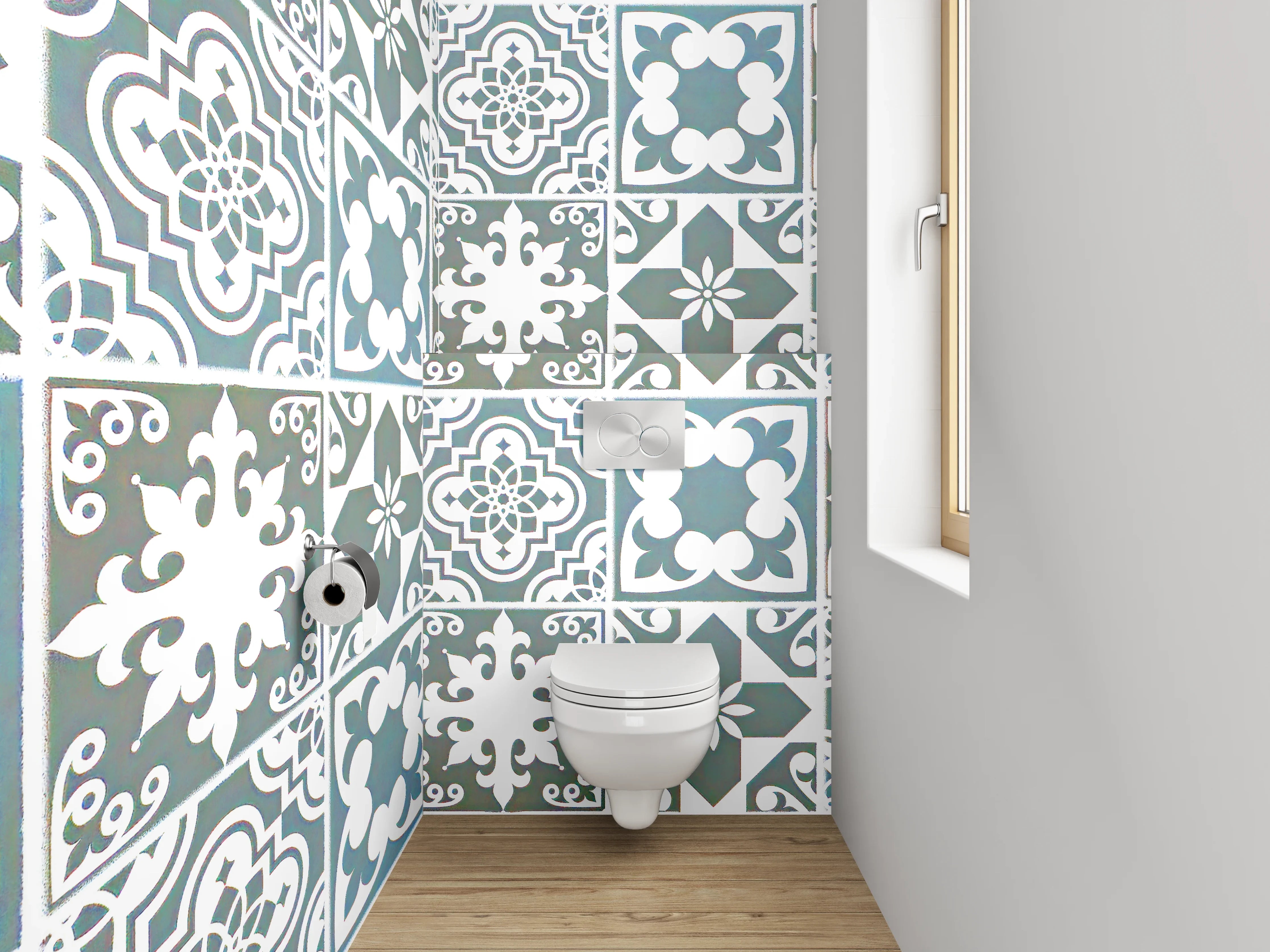 WC-Rückwand - Klassische Blautöne auf grauweißen Fliesen