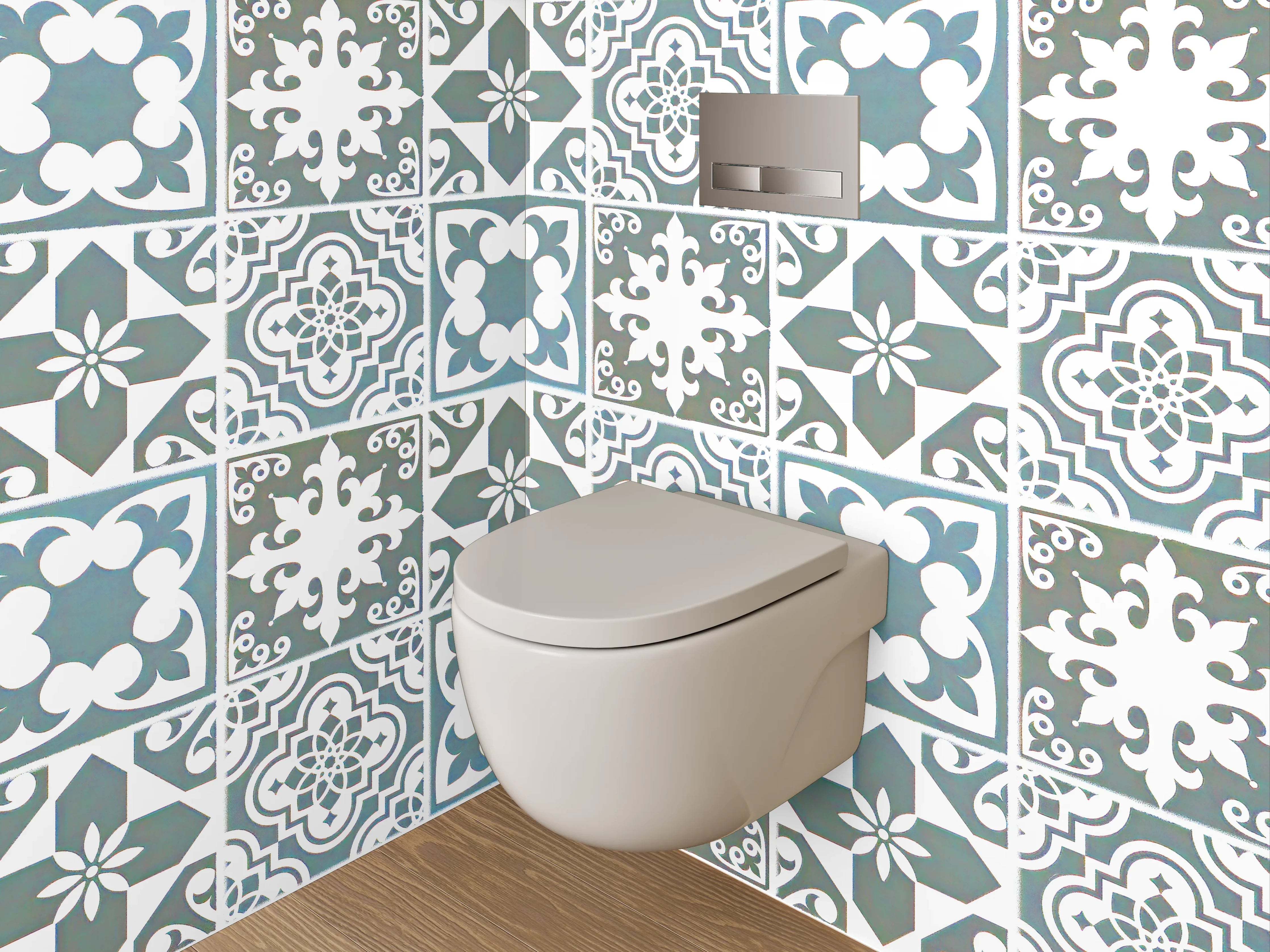 WC-Rückwand - Klassische Blautöne auf grauweißen Fliesen