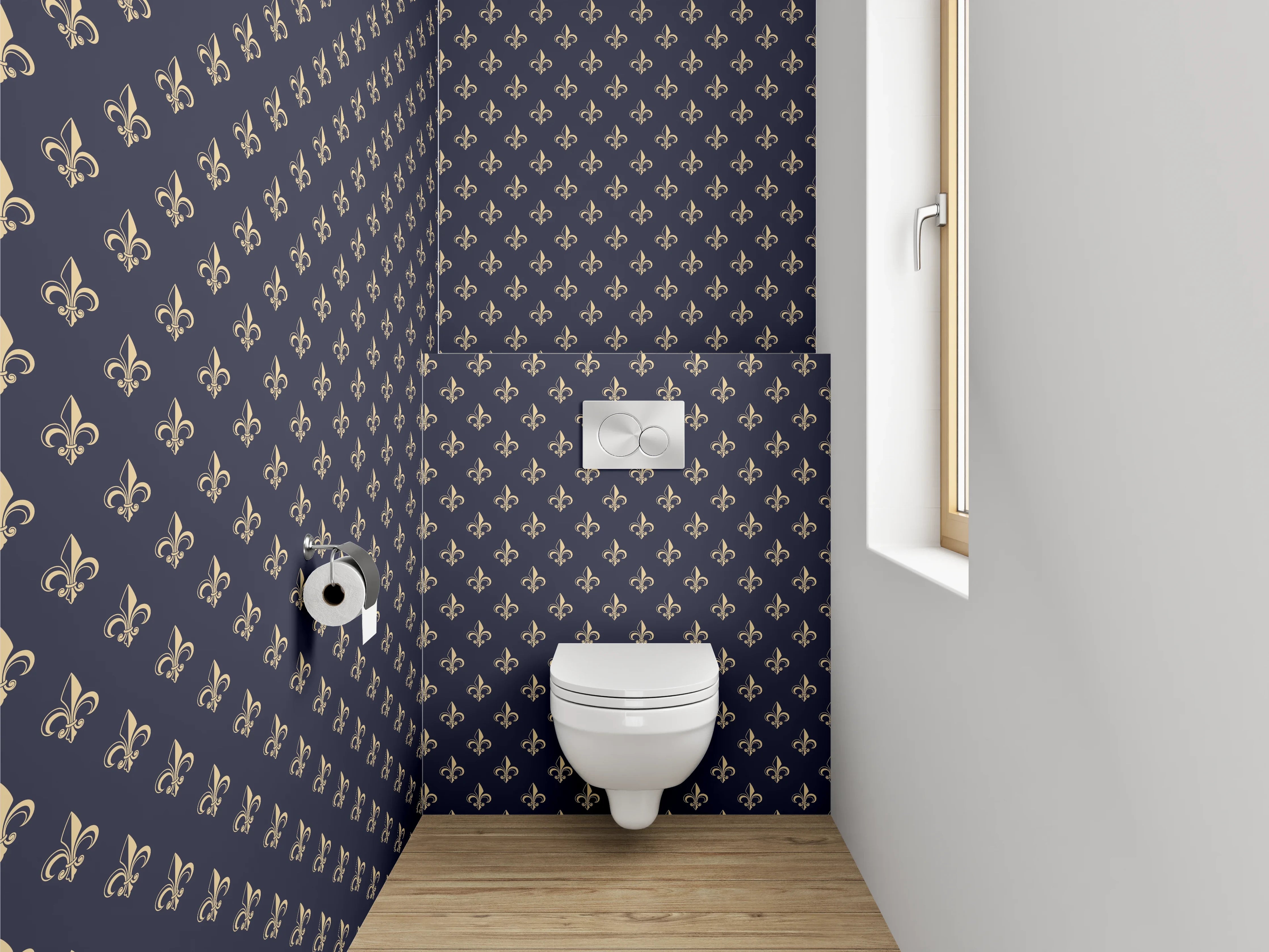WC-Rückwand - Klassische Lilien-Muster Tapete Nachtblau