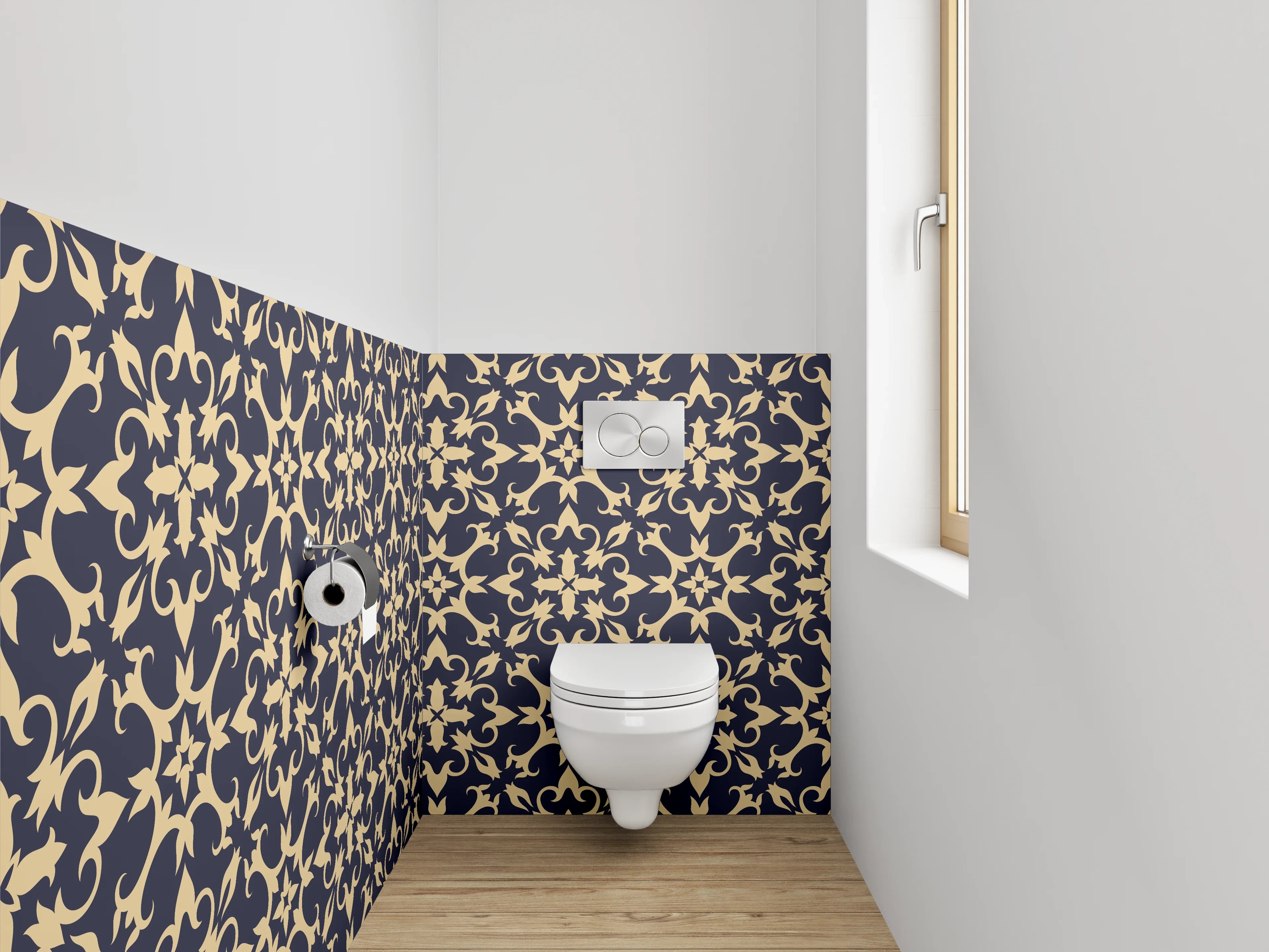WC-Rückwand - Klassisches Ornament Muster Dunkelblau Gold